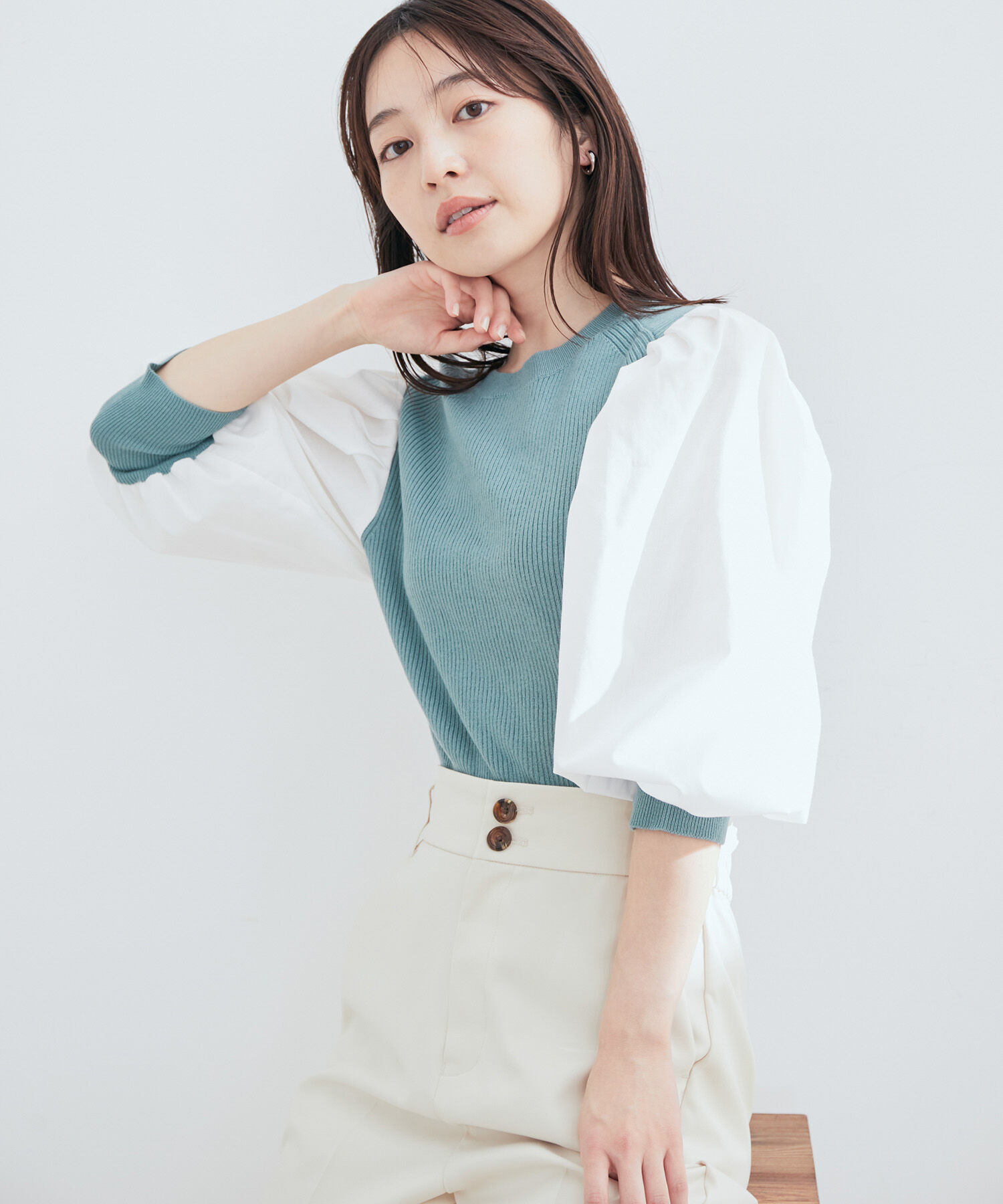 vis-a-vis「【WEB限定】異素材ボリューム袖ドッキングニットプルオーバー」|ニット・セーター|