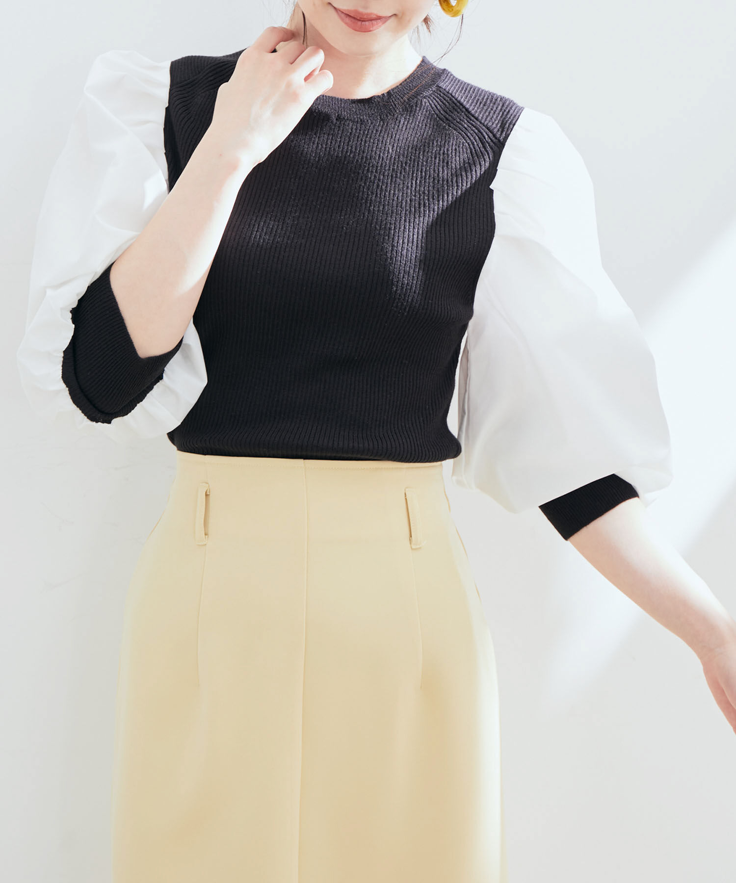 vis-a-vis「【WEB限定】異素材ボリューム袖ドッキングニットプルオーバー」|ニット・セーター|