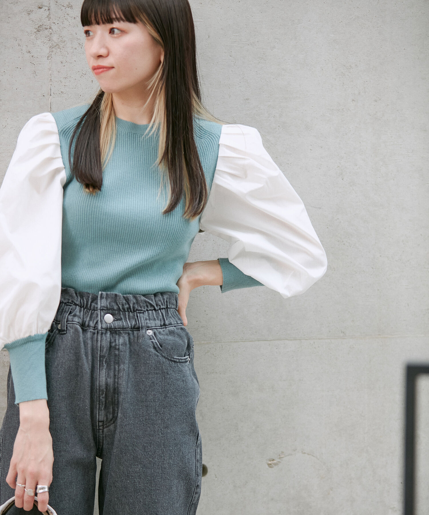 vis-a-vis「【WEB限定】異素材ボリューム袖ドッキングニットプルオーバー」|ニット・セーター|