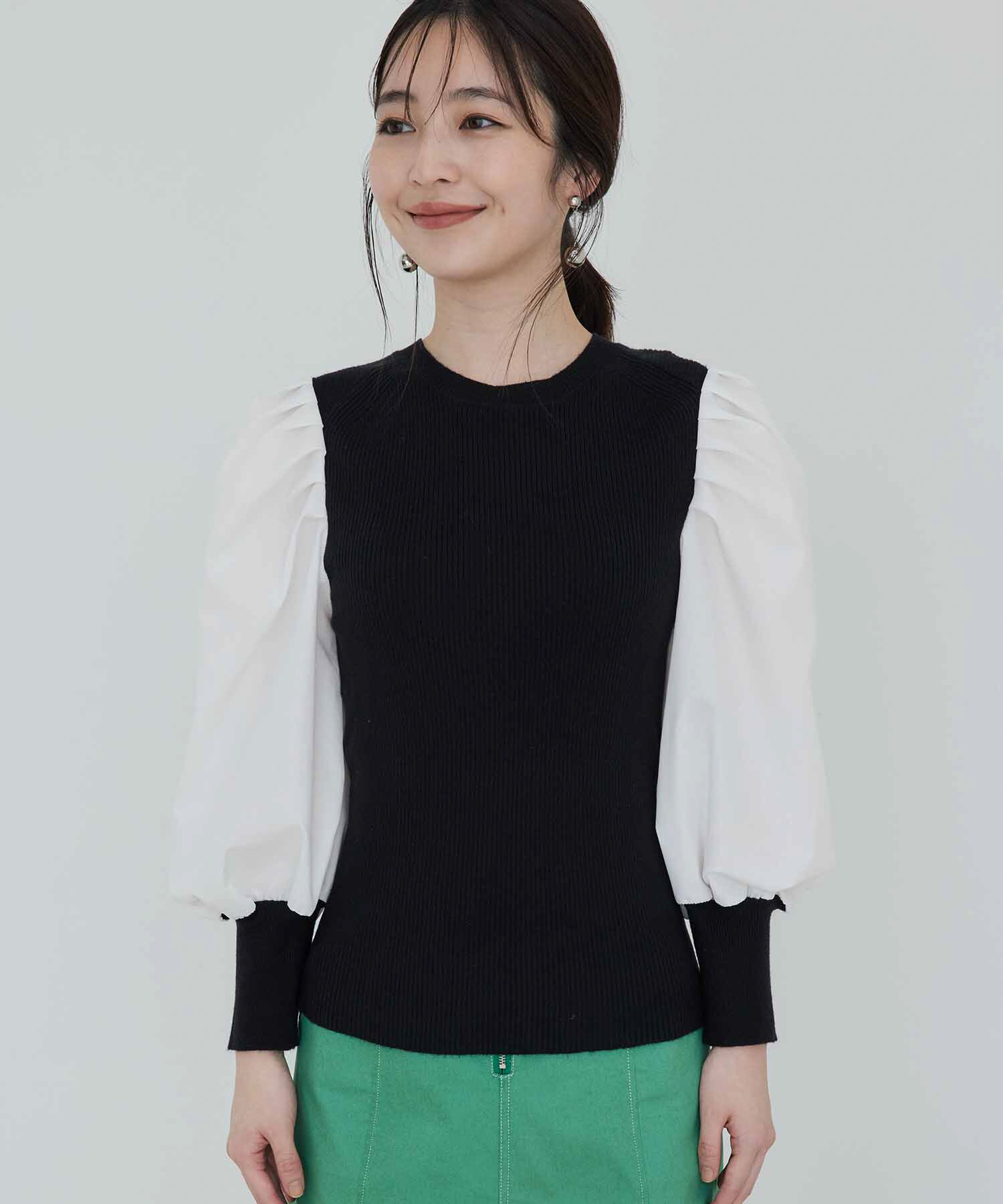 vis-a-vis「【WEB限定】異素材ボリューム袖ドッキングニットプルオーバー」|ニット・セーター|