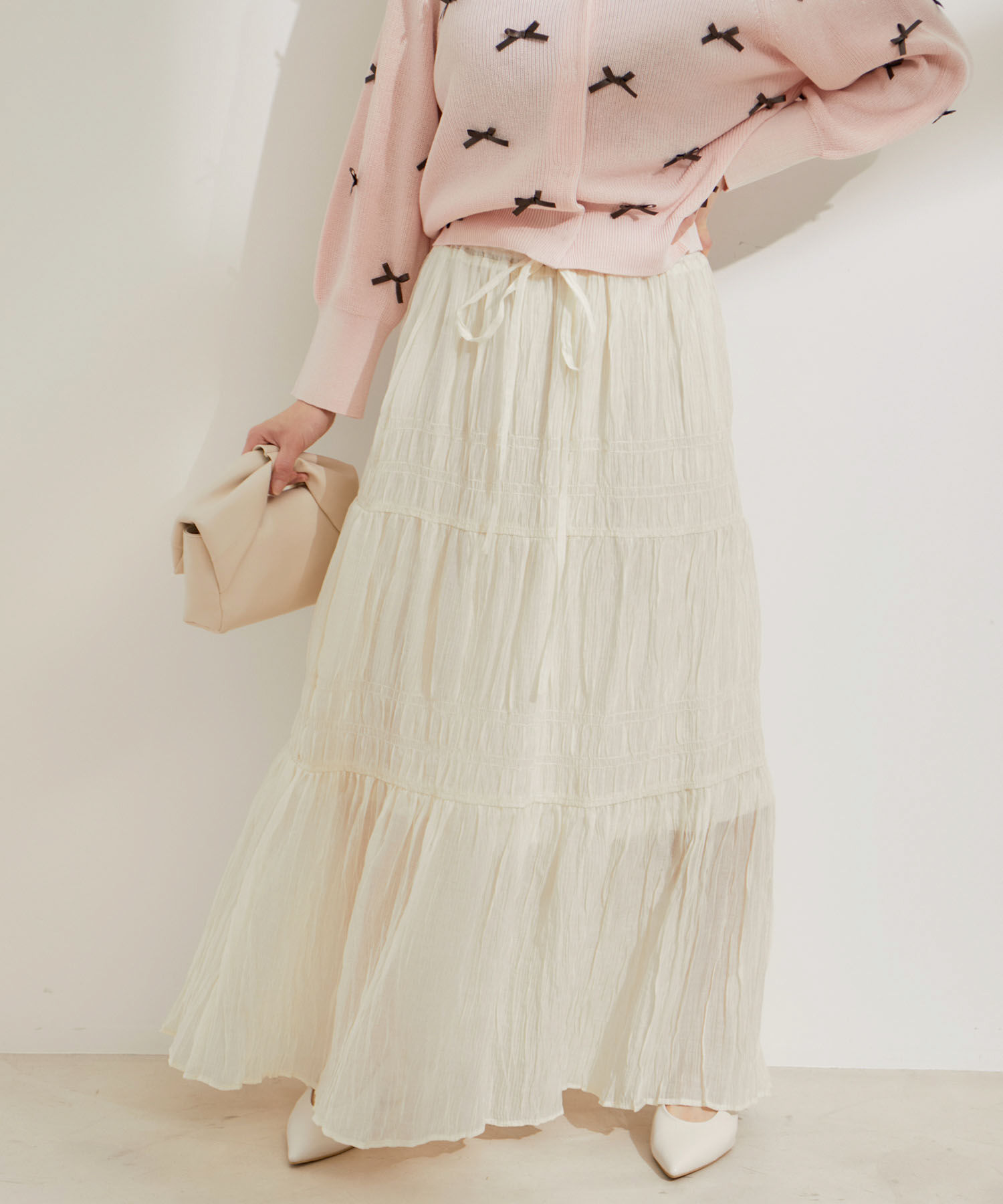 VIS「柄＆無地アソートシャーリングティアードスカート」|スカート|オフホワイト(15)