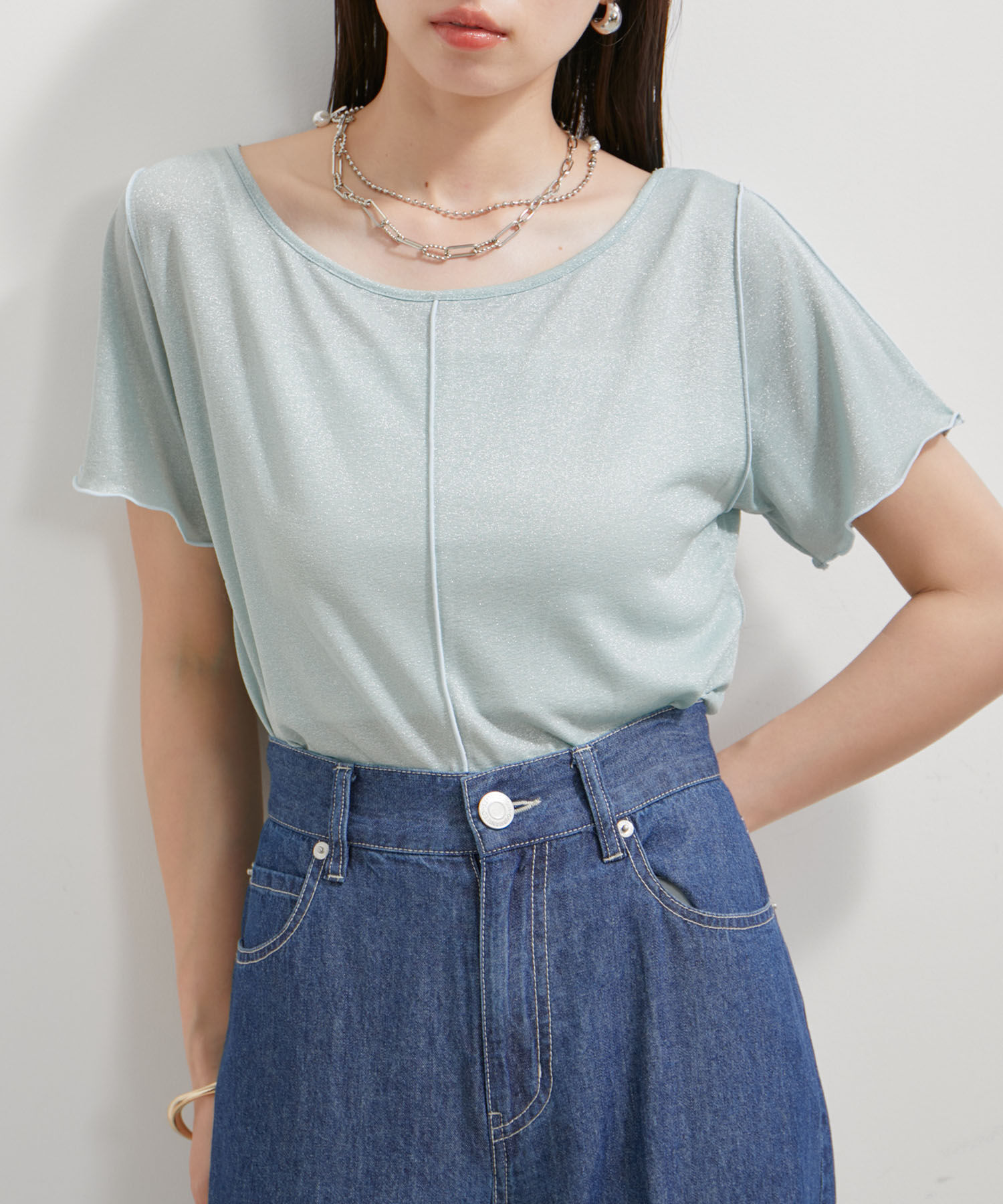 VIS「【洗える】ラメメローTシャツ」|Tシャツ・カットソー|グリーン系(35)