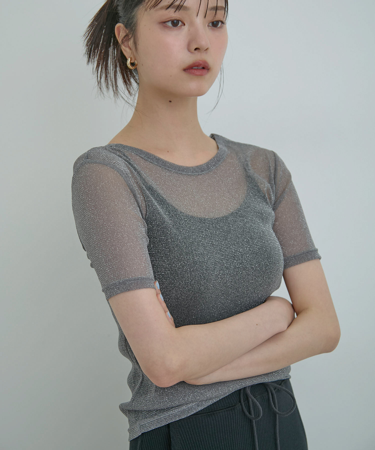 VIS「【洗える】シアーラメレイヤードTシャツ」|Tシャツ・カットソー|グレー(07)