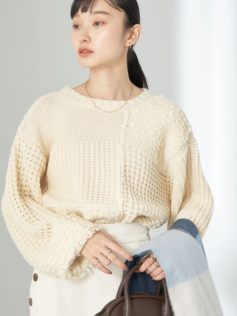 earth music&ecology「バルキーパッチワークニット」|ニット・セーター|アイボリー