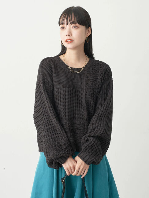 earth music&ecology「バルキーパッチワークニット」|ニット・セーター|ブラック