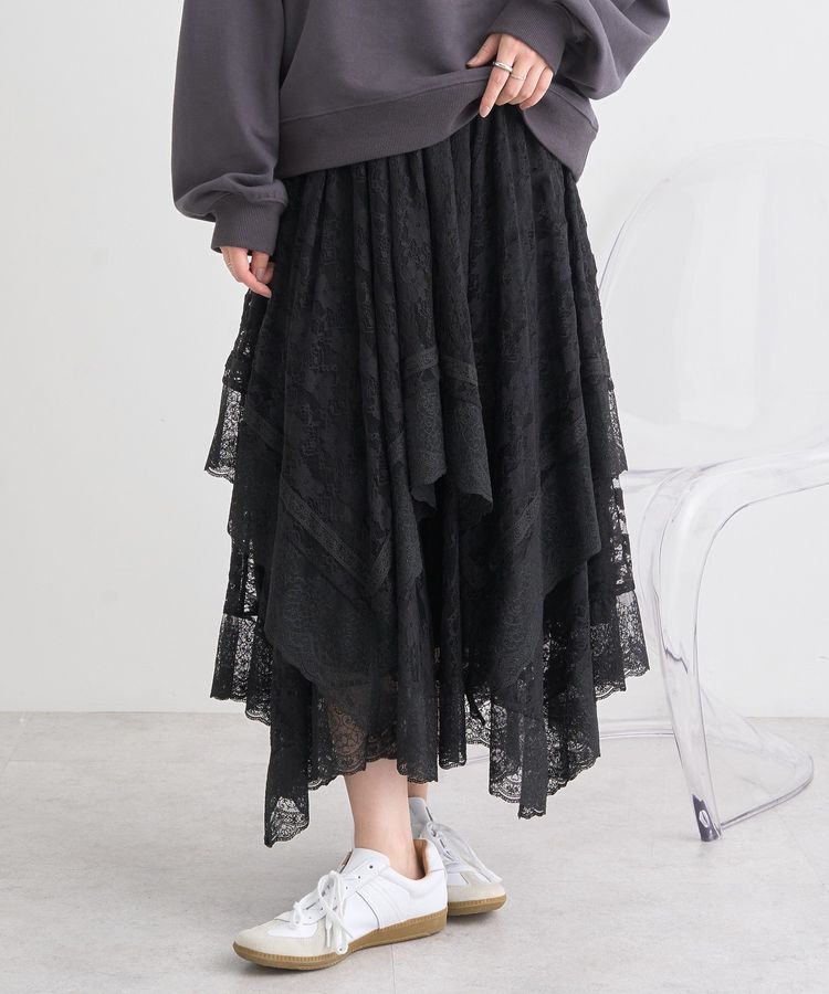 earth music&ecology「レースイレヘムスカート」|フレア|Black