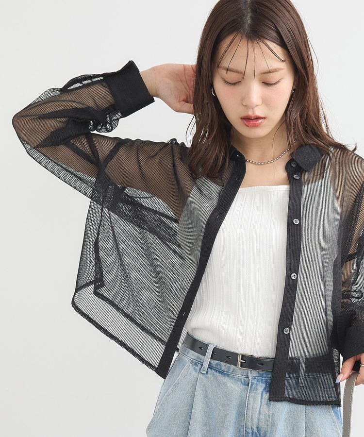 earth music&ecology「メッシュストライプショートシャツ」|シャツ・ブラウス|Black