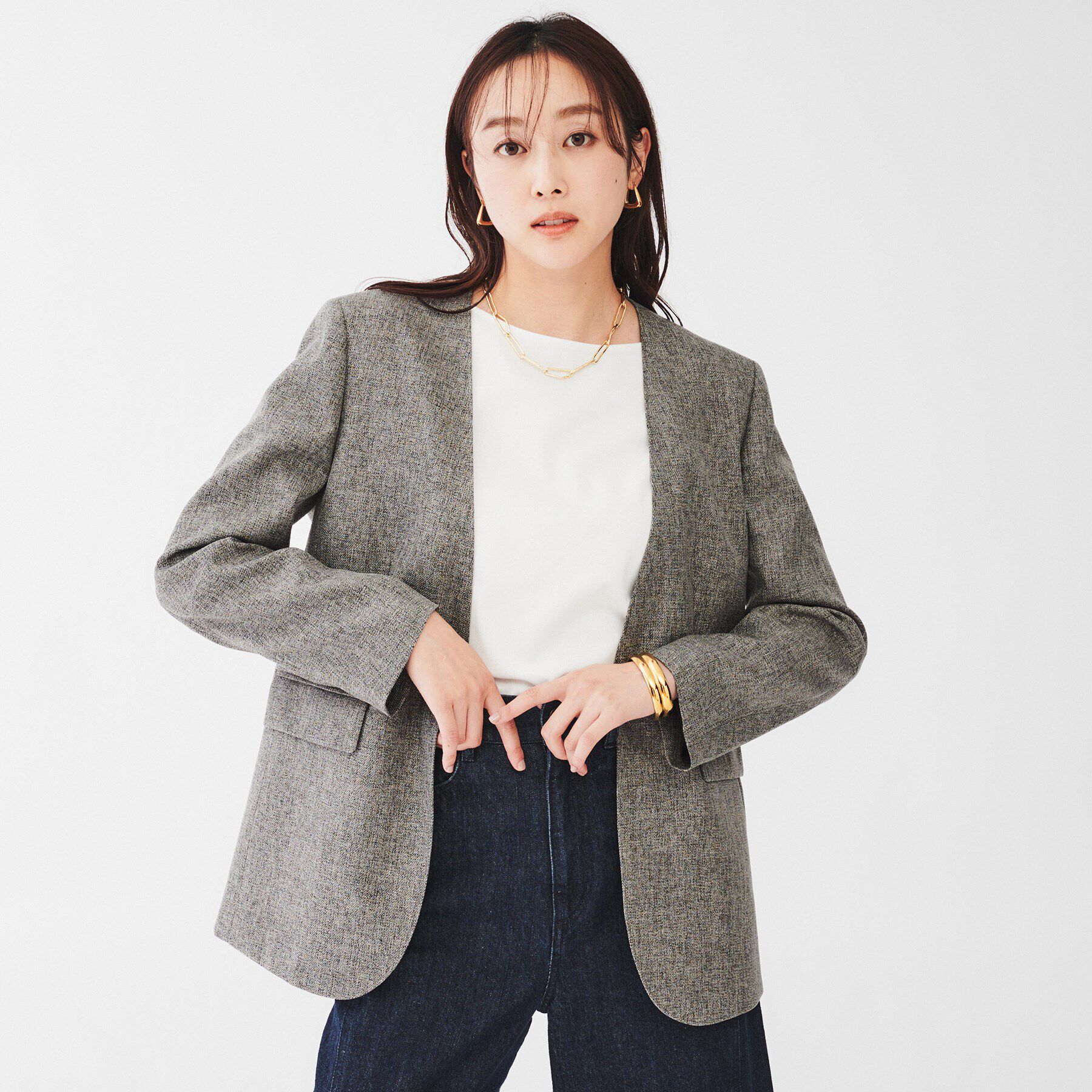 UNTITLED「【ツイードライク/セットアップ可】 メランジカラーレスジャケット」|ノーカラージャケット|