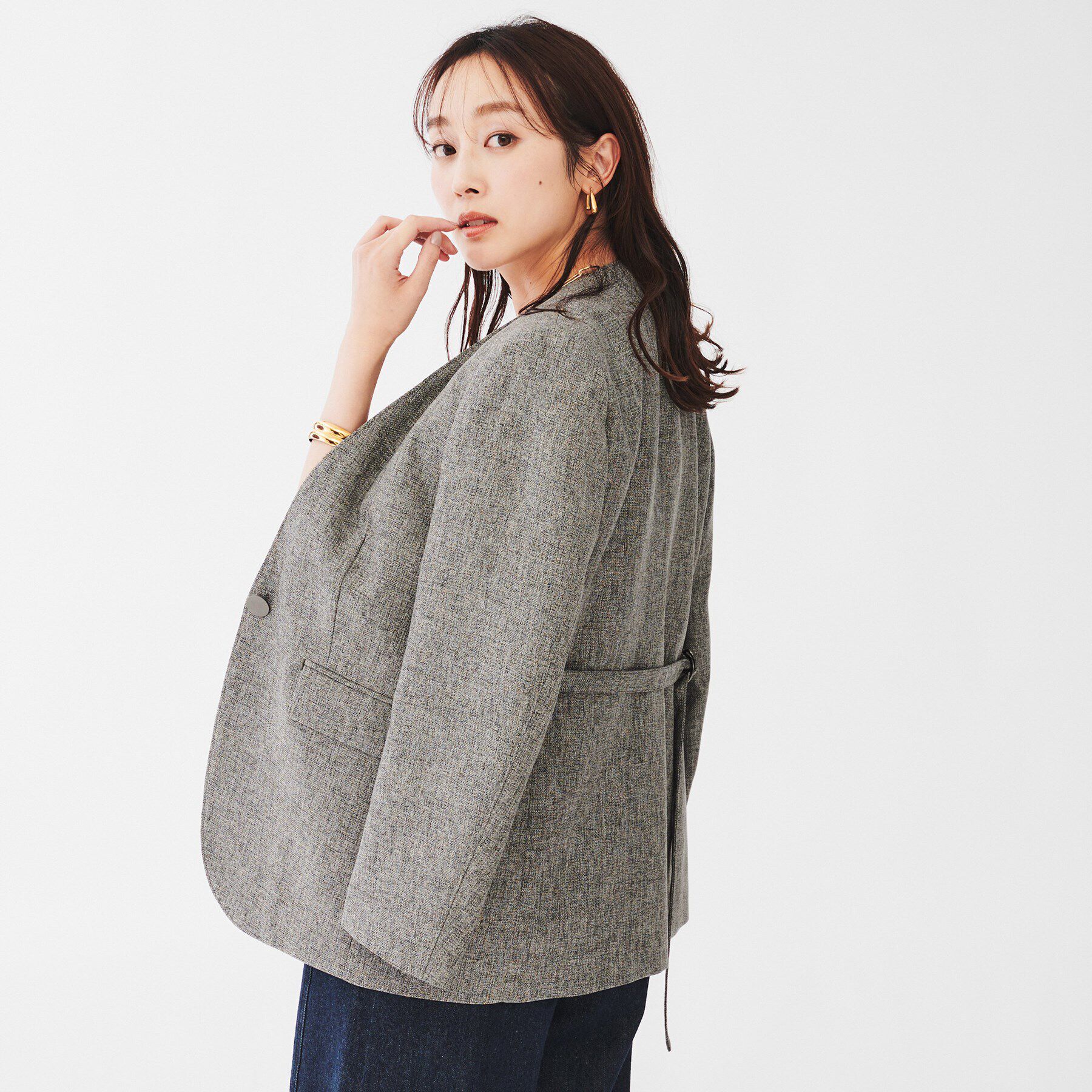 UNTITLED「【ツイードライク/セットアップ可】 メランジカラーレスジャケット」|ノーカラージャケット|