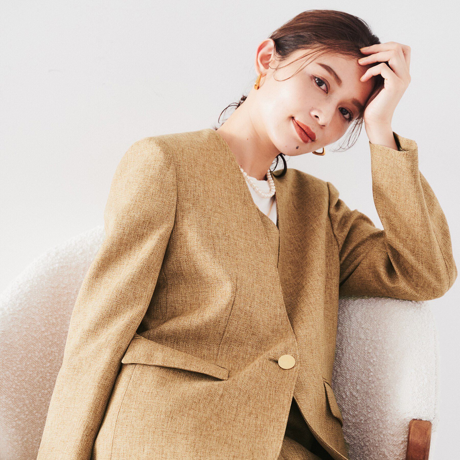 UNTITLED「【ツイードライク/セットアップ可】 メランジカラーレスジャケット」|ノーカラージャケット|キャメルブラウン(0