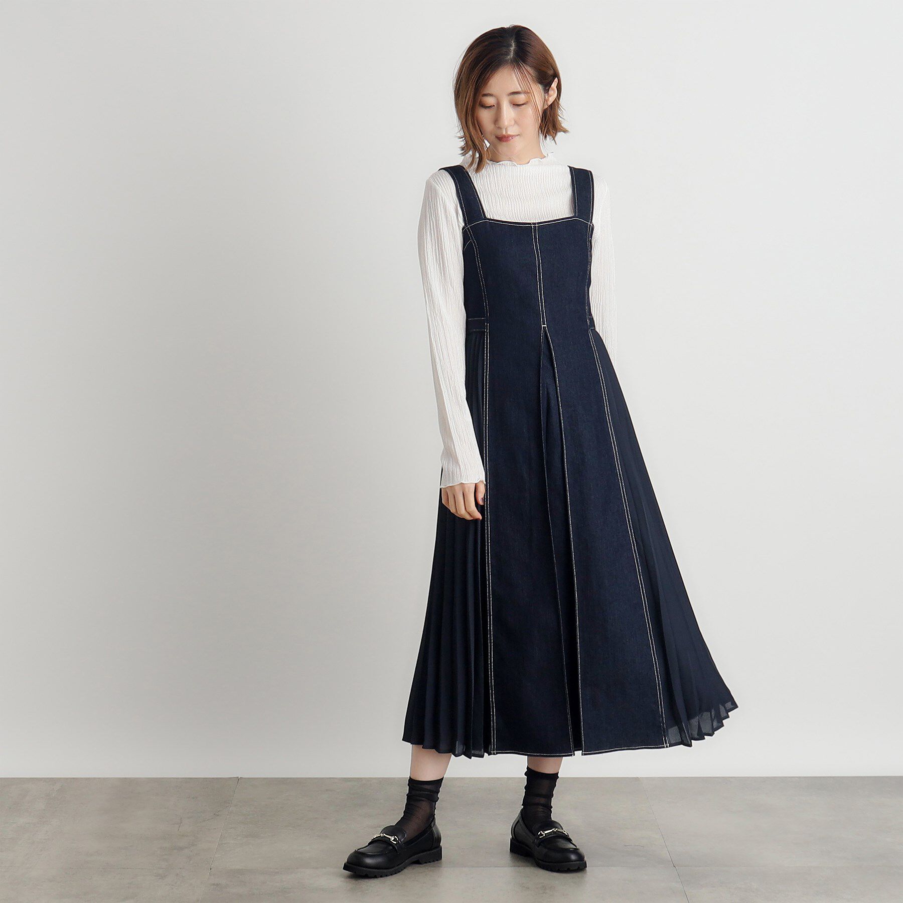grove「デニムサイドプリーツジャンドレ」|ワンピース|