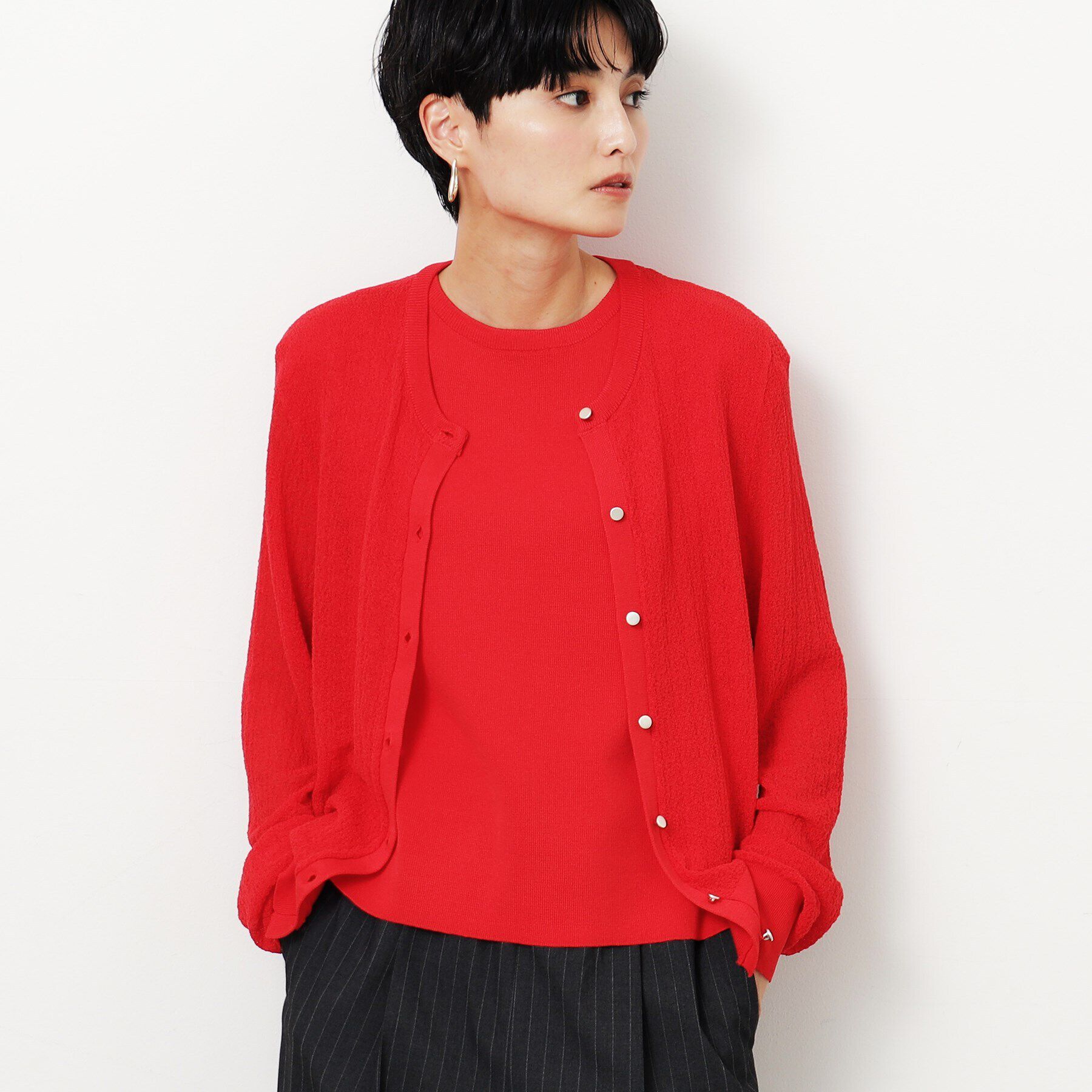 OPAQUE.CLIP「シアー柄編みニットカーディガン【洗える】」|カーディガン|レッド(062)