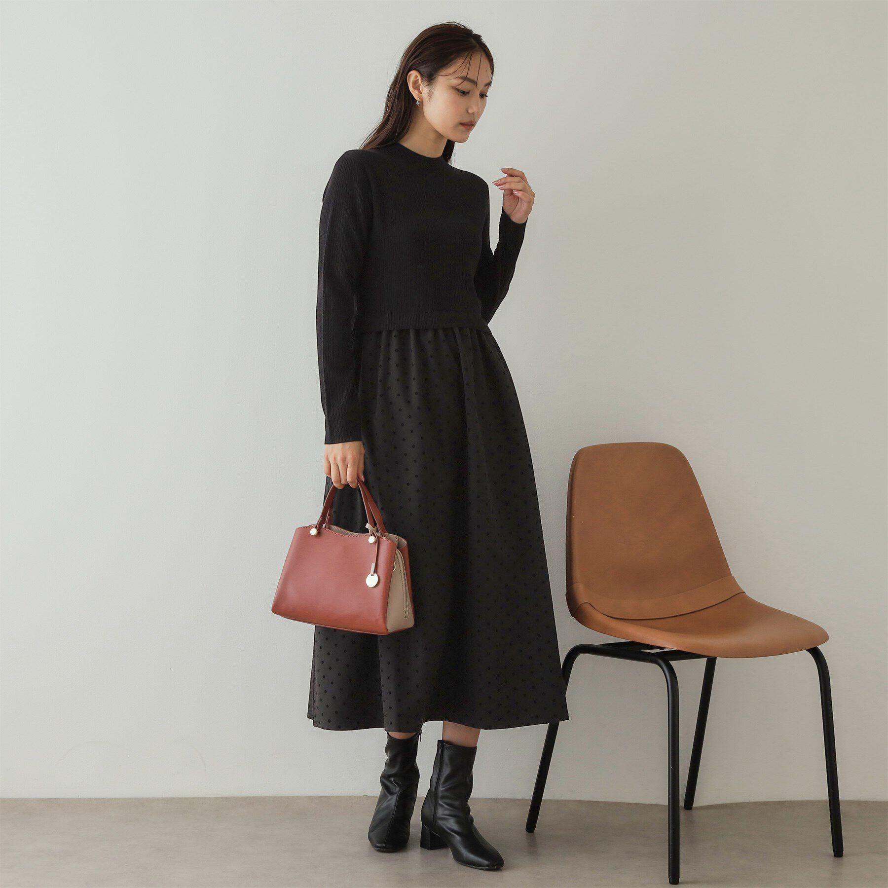 OPAQUE.CLIP「ニット&times;ドット柄 ドッキングニットワンピース」|ワンピース|ブラック(019)
