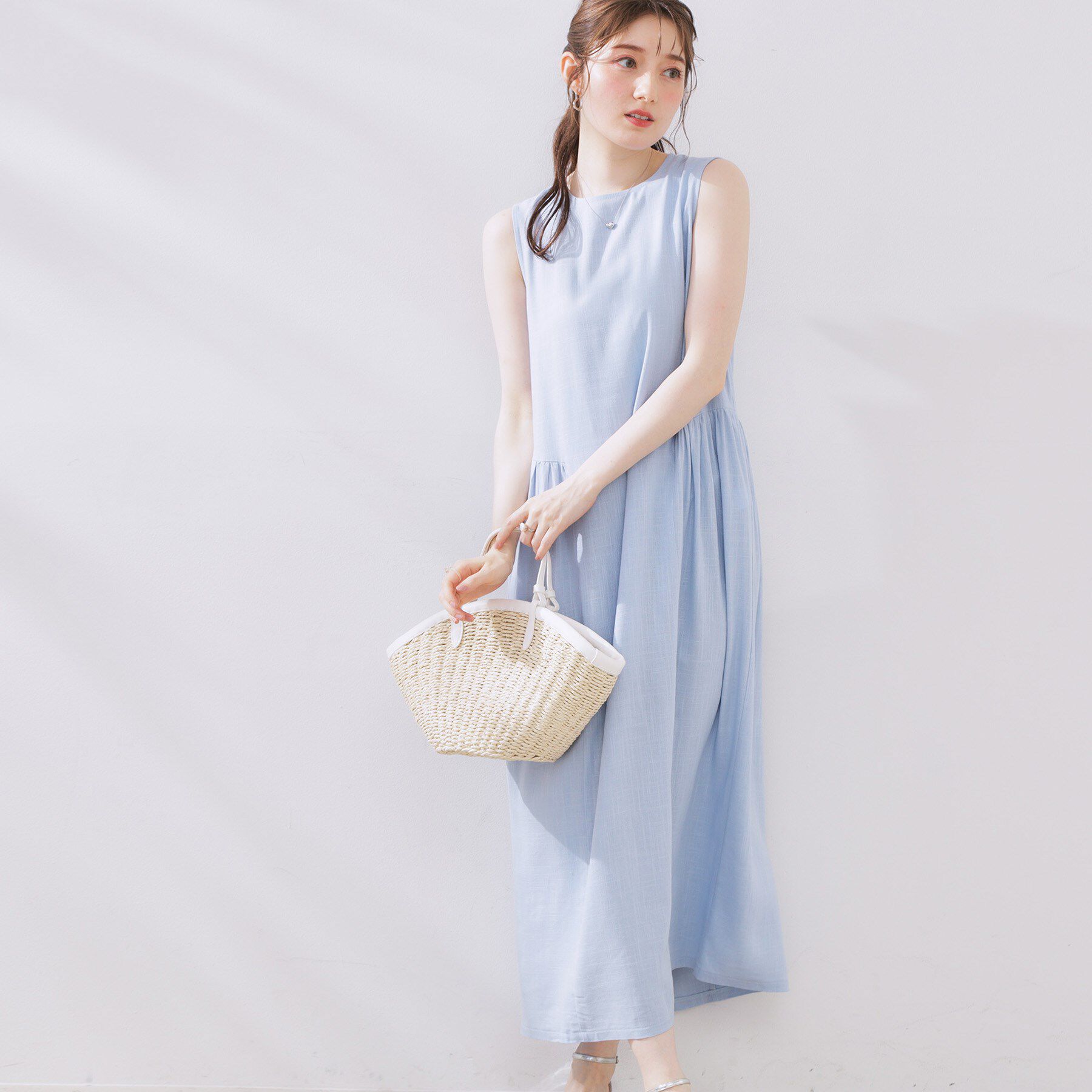 Couture broach「麻混フレアデザインワンピース」|ワンピース|サックスブルー(09