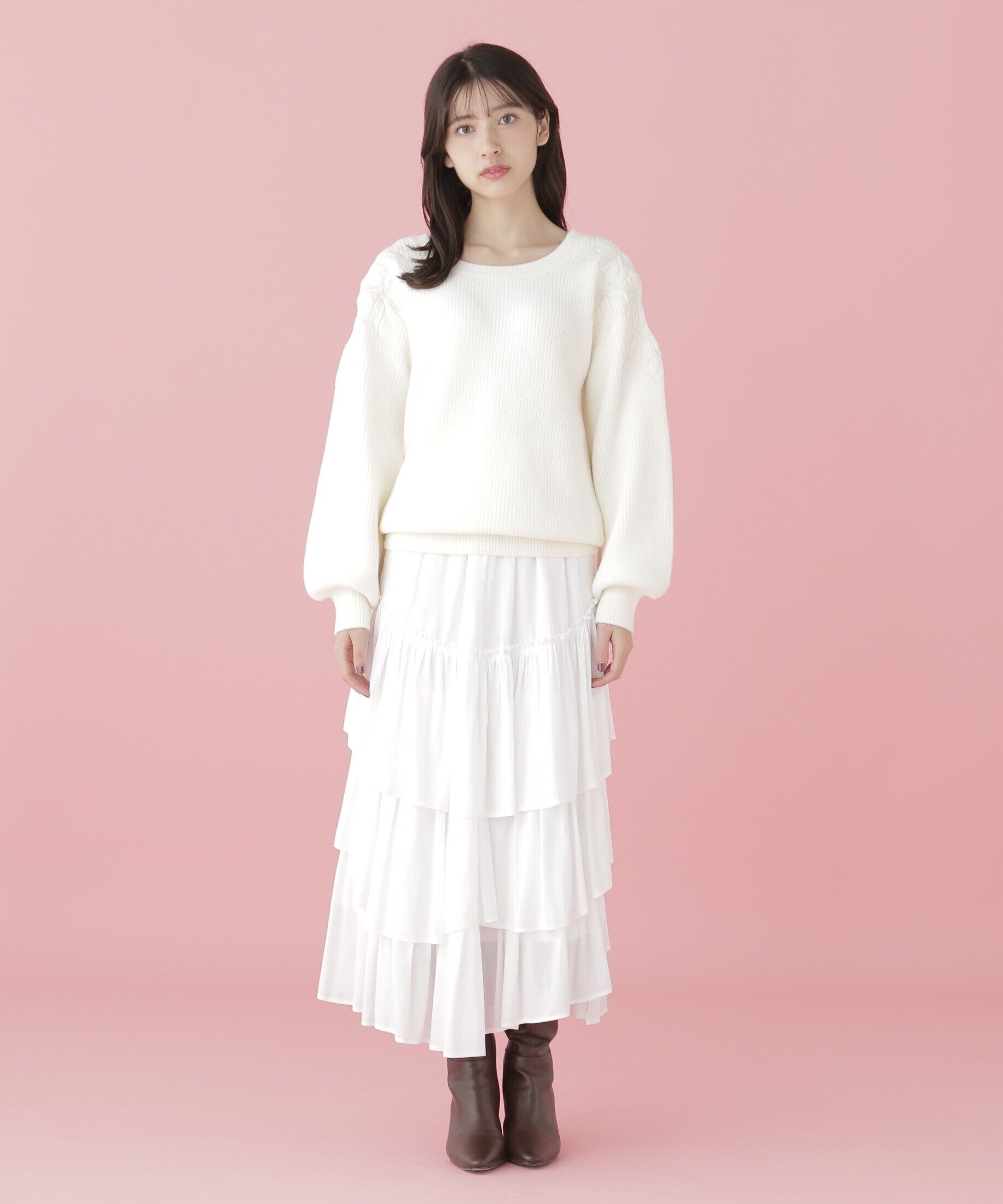  「肩開きリボンエンブロイダリーニット」|ニット・セーター|