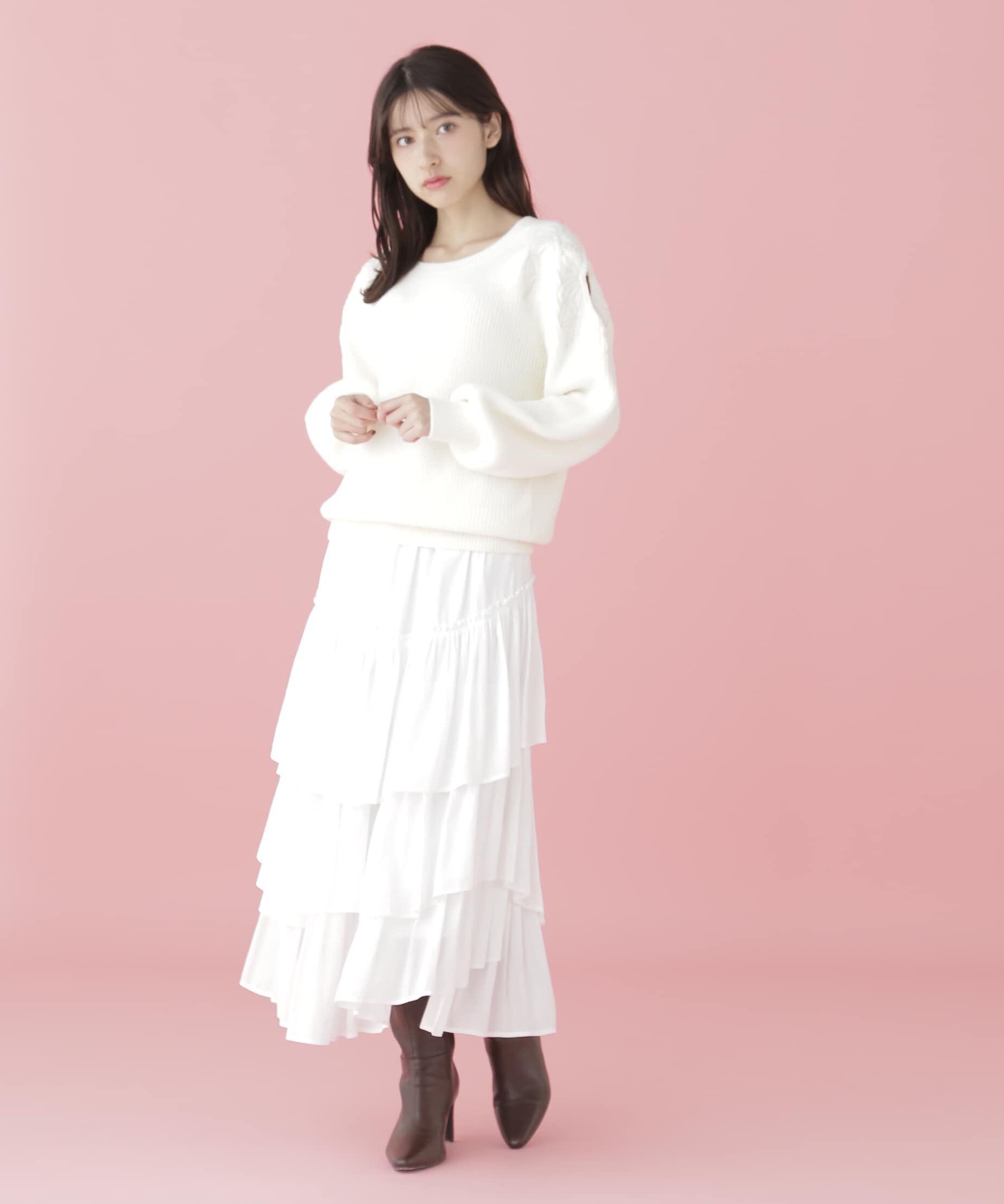  「肩開きリボンエンブロイダリーニット」|ニット・セーター|