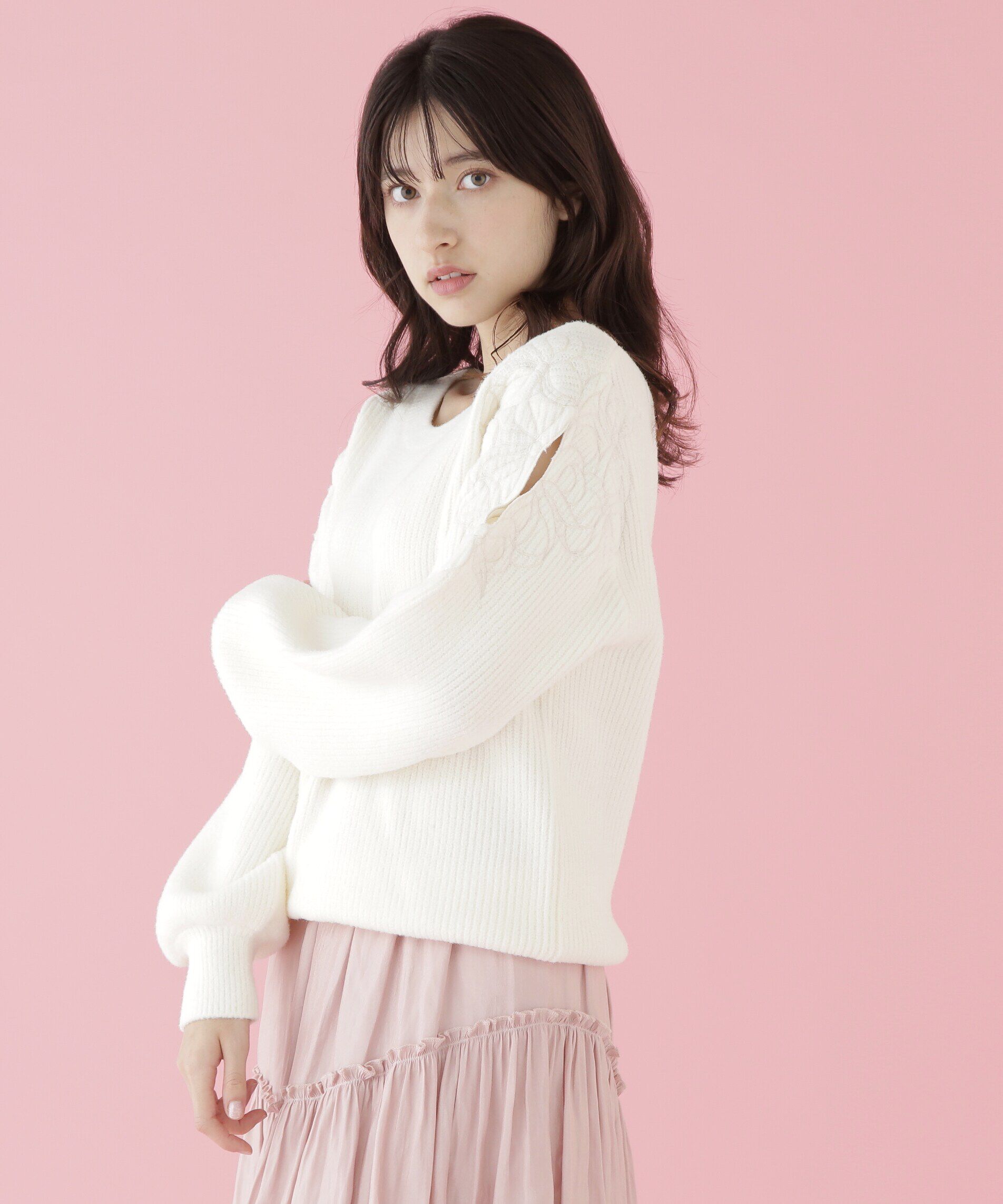  「肩開きリボンエンブロイダリーニット」|ニット・セーター|