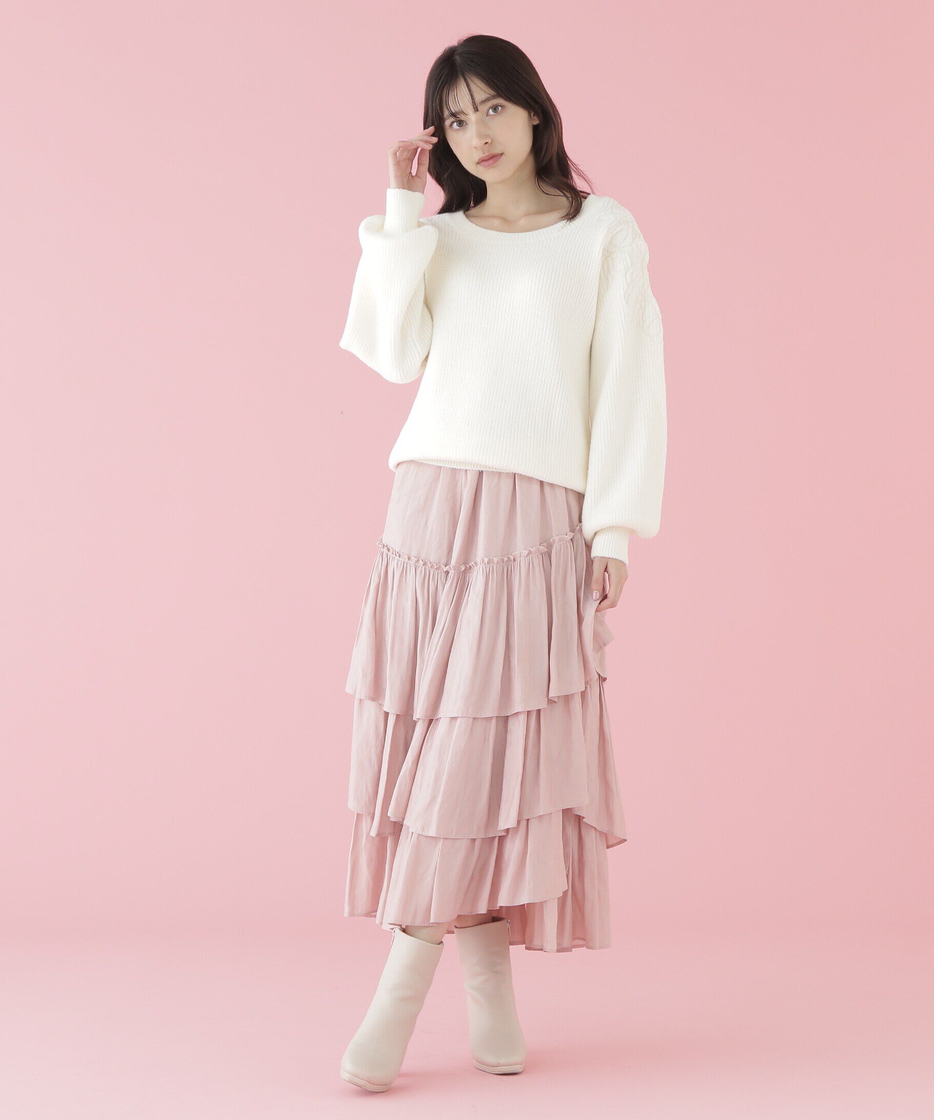  「肩開きリボンエンブロイダリーニット」|ニット・セーター|