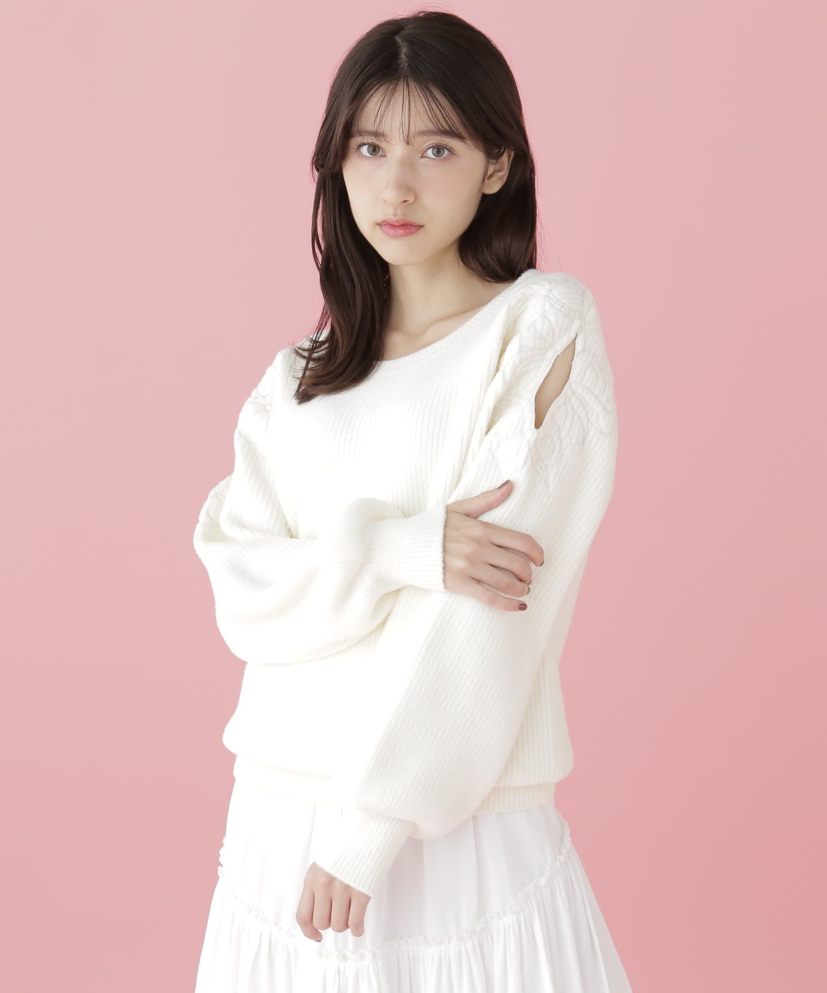  「肩開きリボンエンブロイダリーニット」|ニット・セーター|