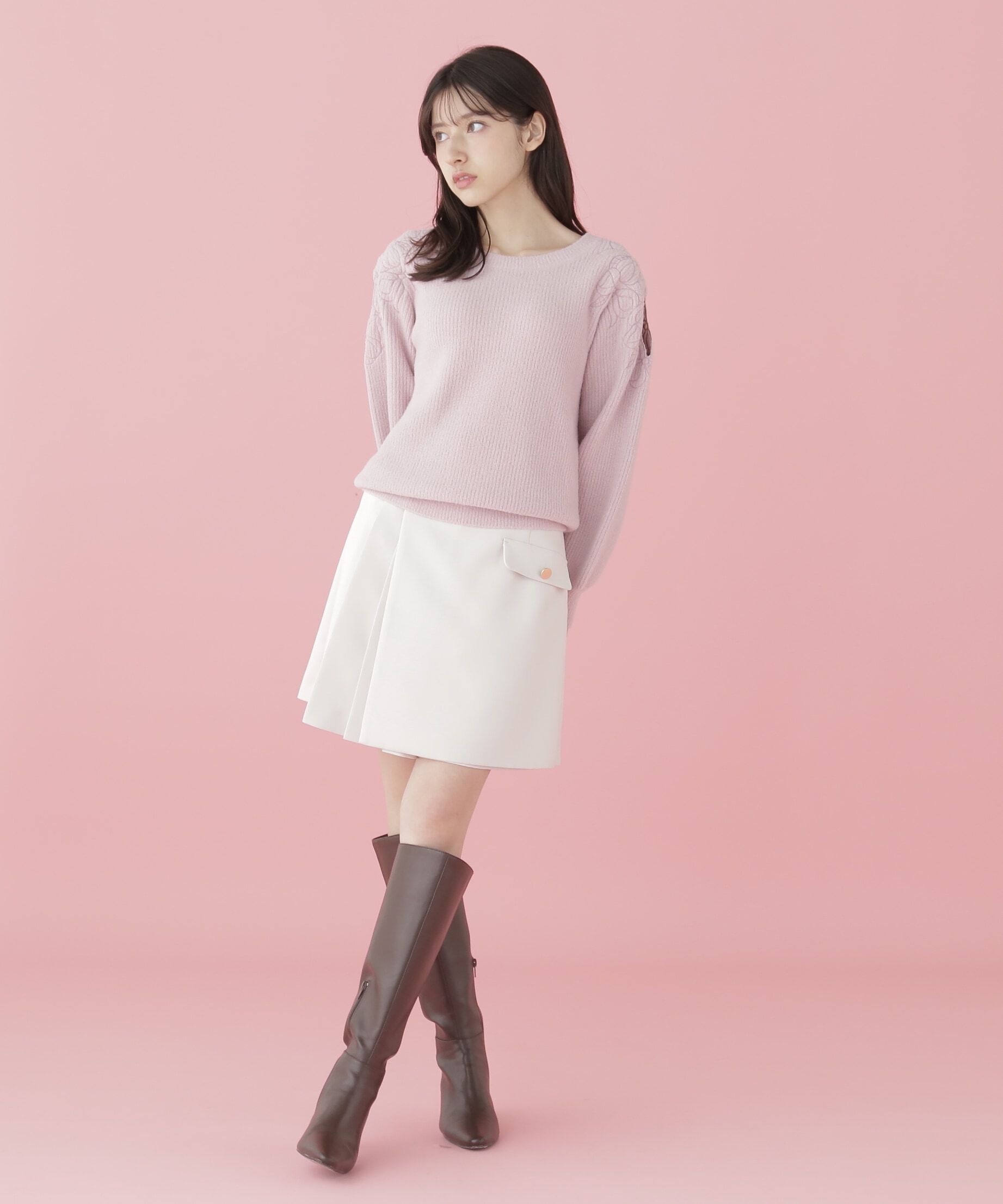  「肩開きリボンエンブロイダリーニット」|ニット・セーター|