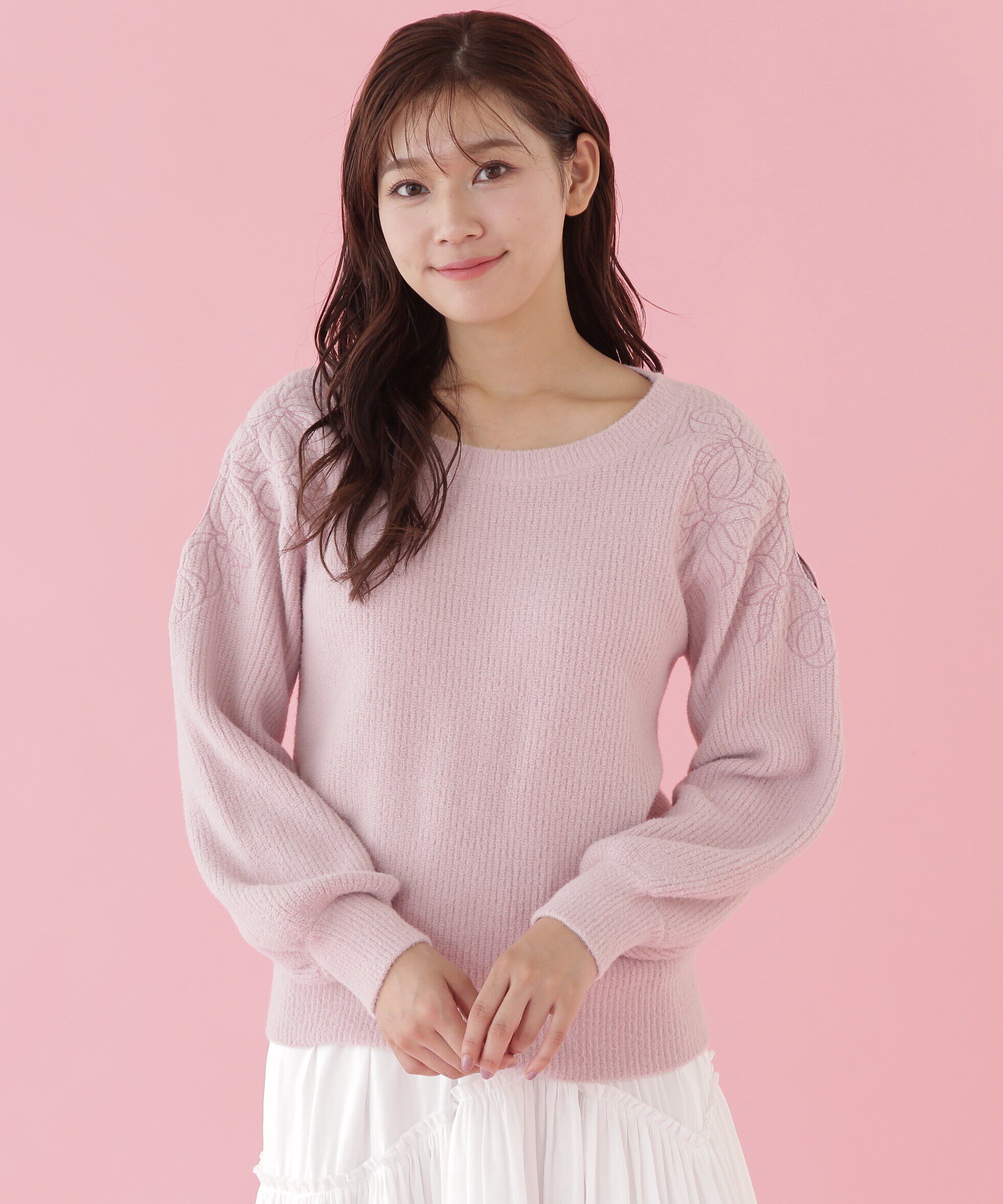  「肩開きリボンエンブロイダリーニット」|ニット・セーター|