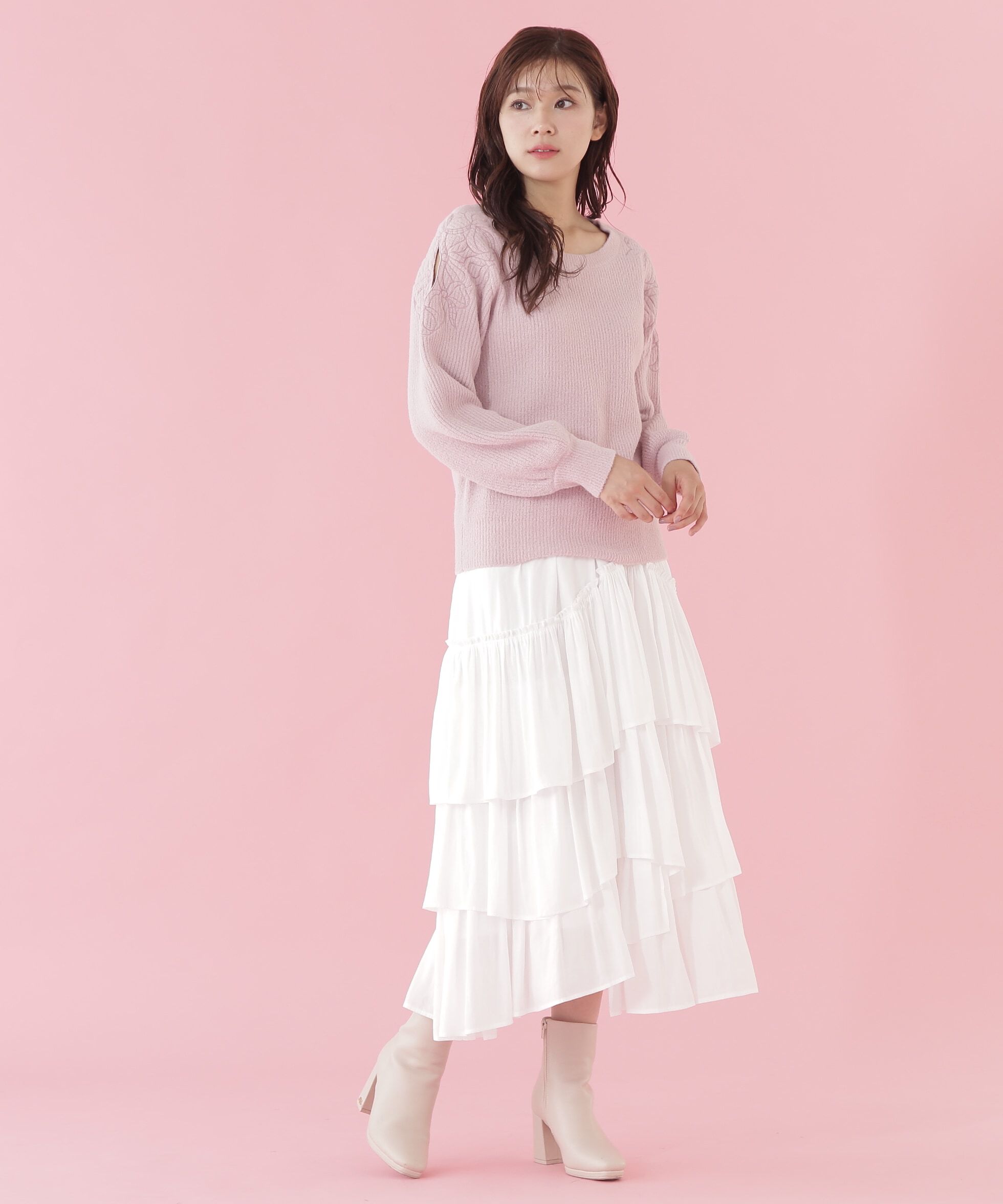  「肩開きリボンエンブロイダリーニット」|ニット・セーター|