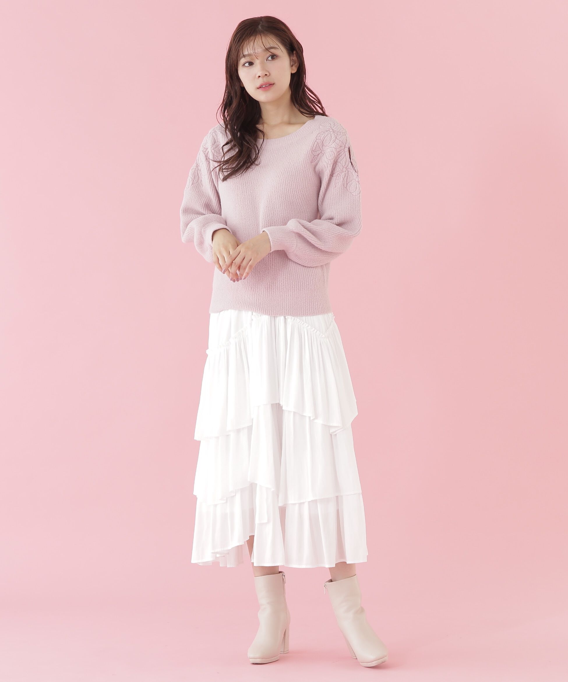  「肩開きリボンエンブロイダリーニット」|ニット・セーター|