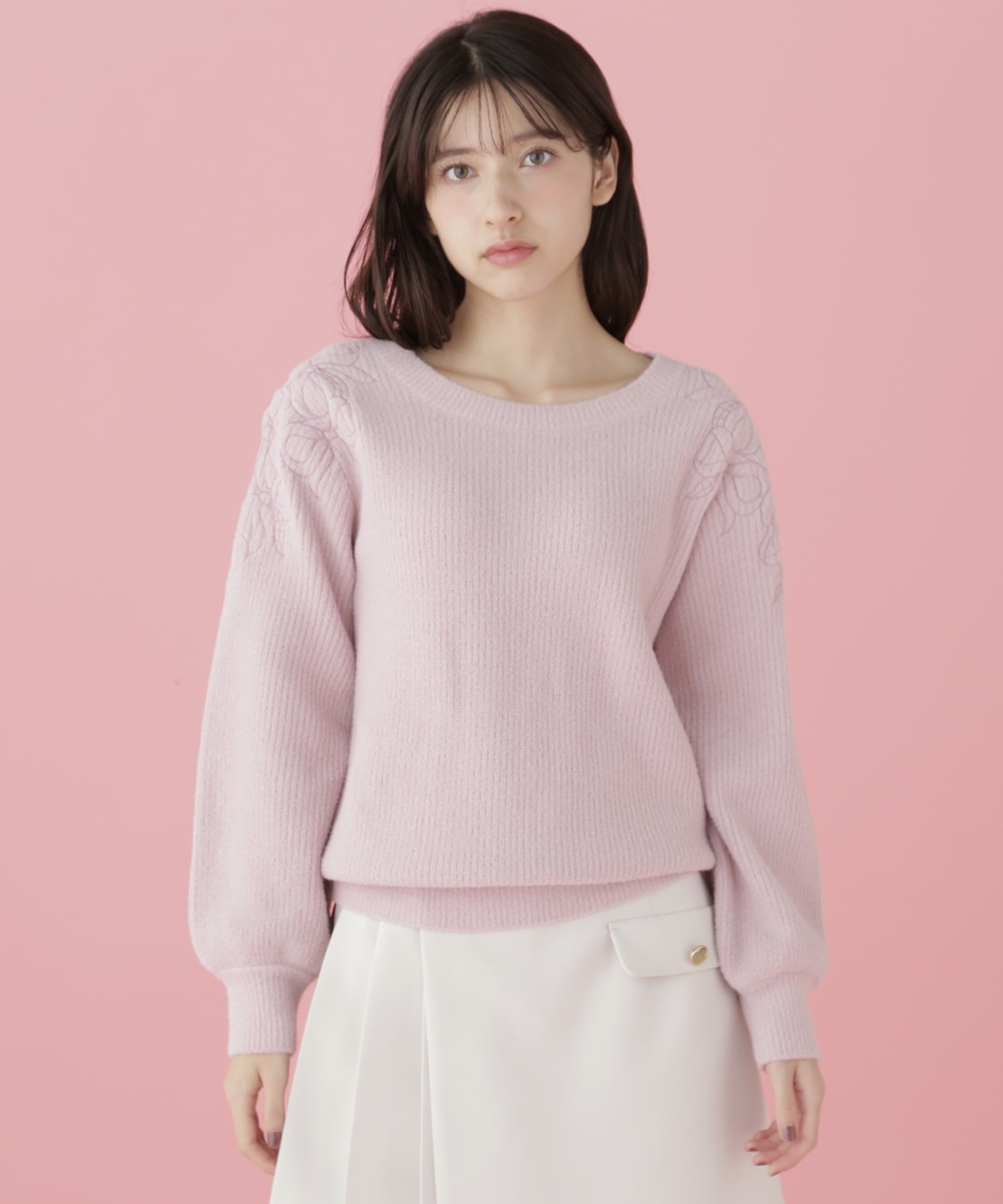  「肩開きリボンエンブロイダリーニット」|ニット・セーター|