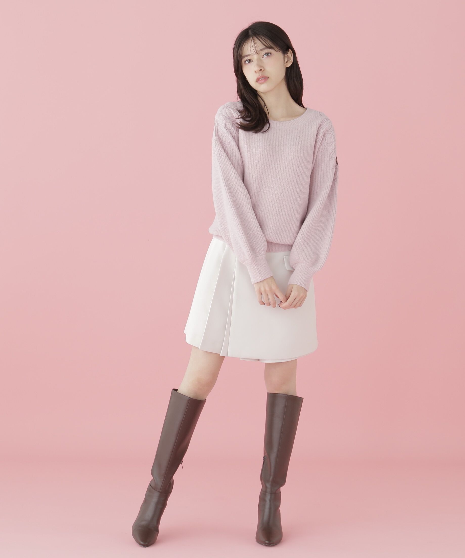  「肩開きリボンエンブロイダリーニット」|ニット・セーター|