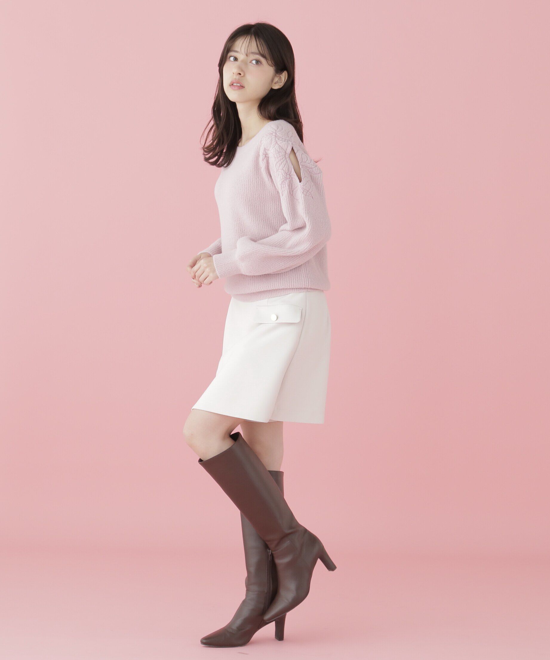  「肩開きリボンエンブロイダリーニット」|ニット・セーター|