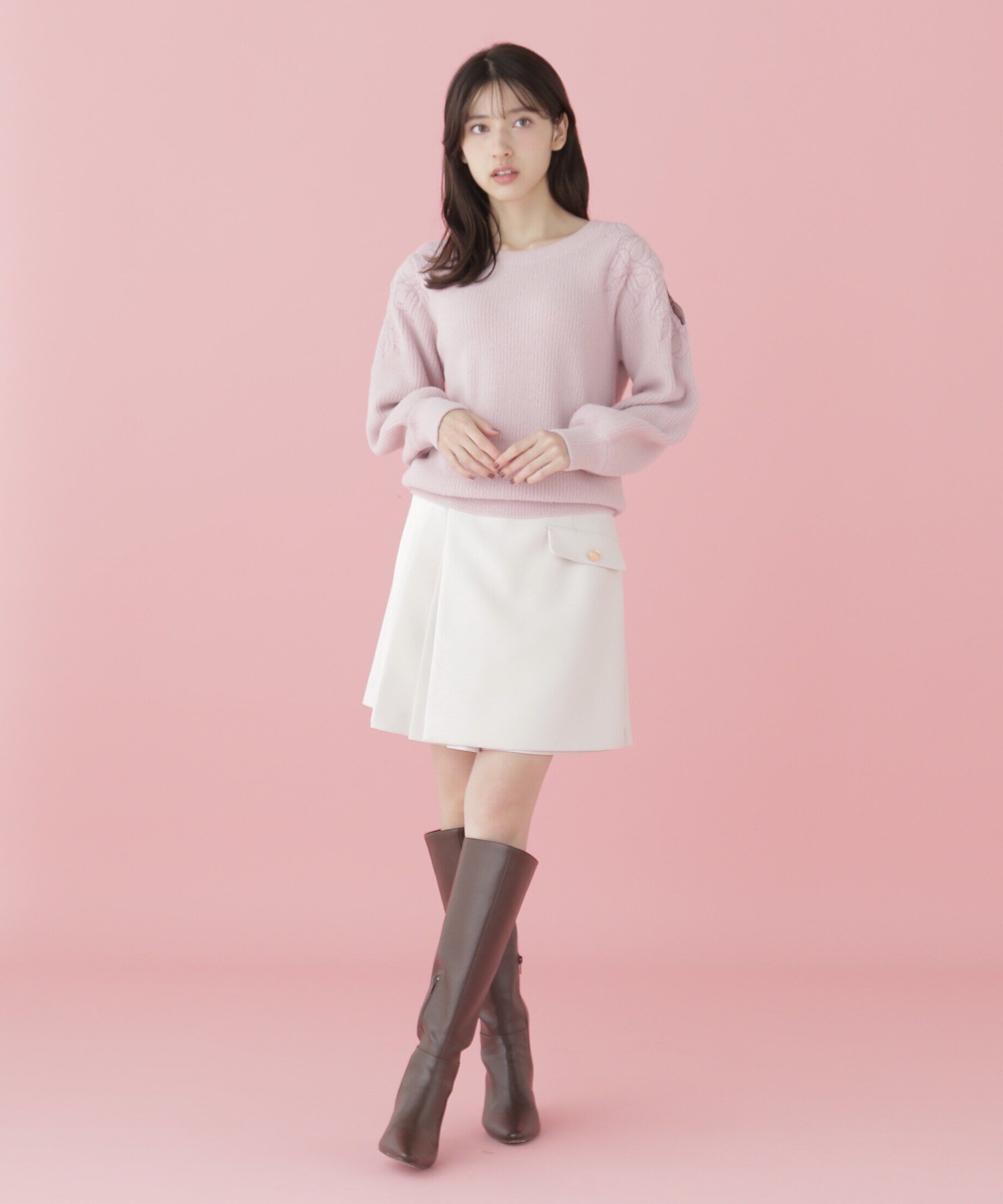  「肩開きリボンエンブロイダリーニット」|ニット・セーター|