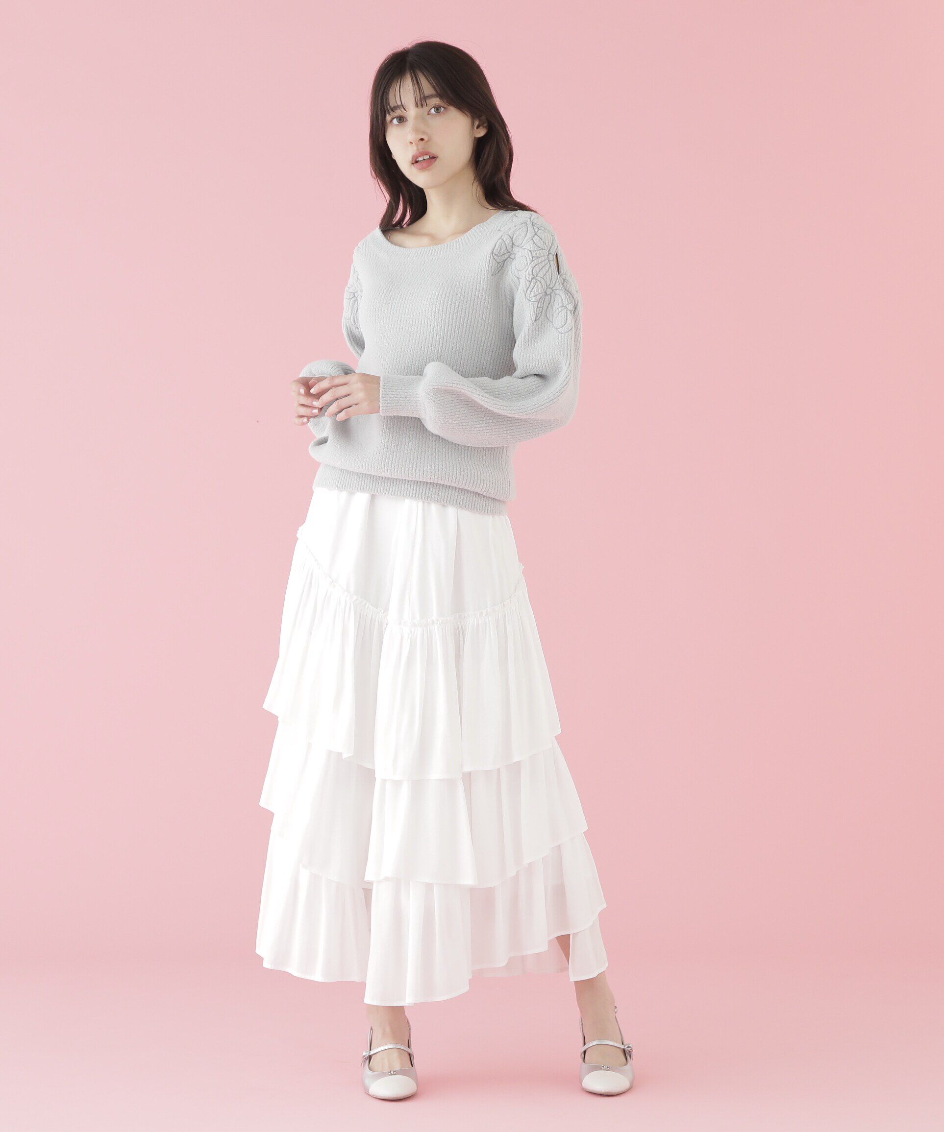  「肩開きリボンエンブロイダリーニット」|ニット・セーター|