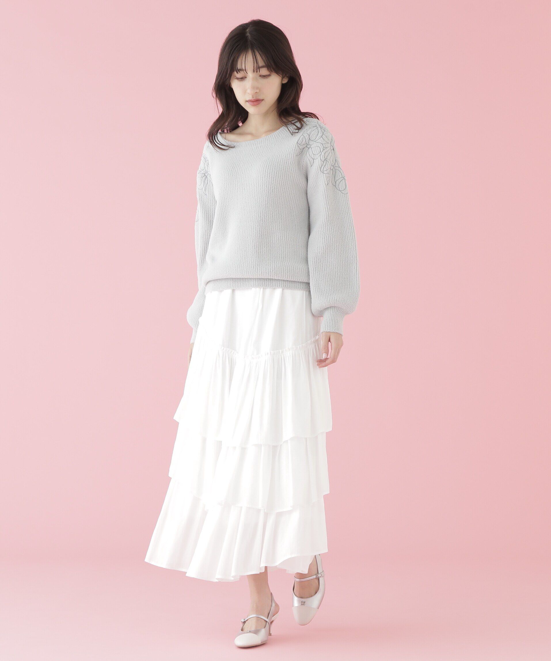  「肩開きリボンエンブロイダリーニット」|ニット・セーター|