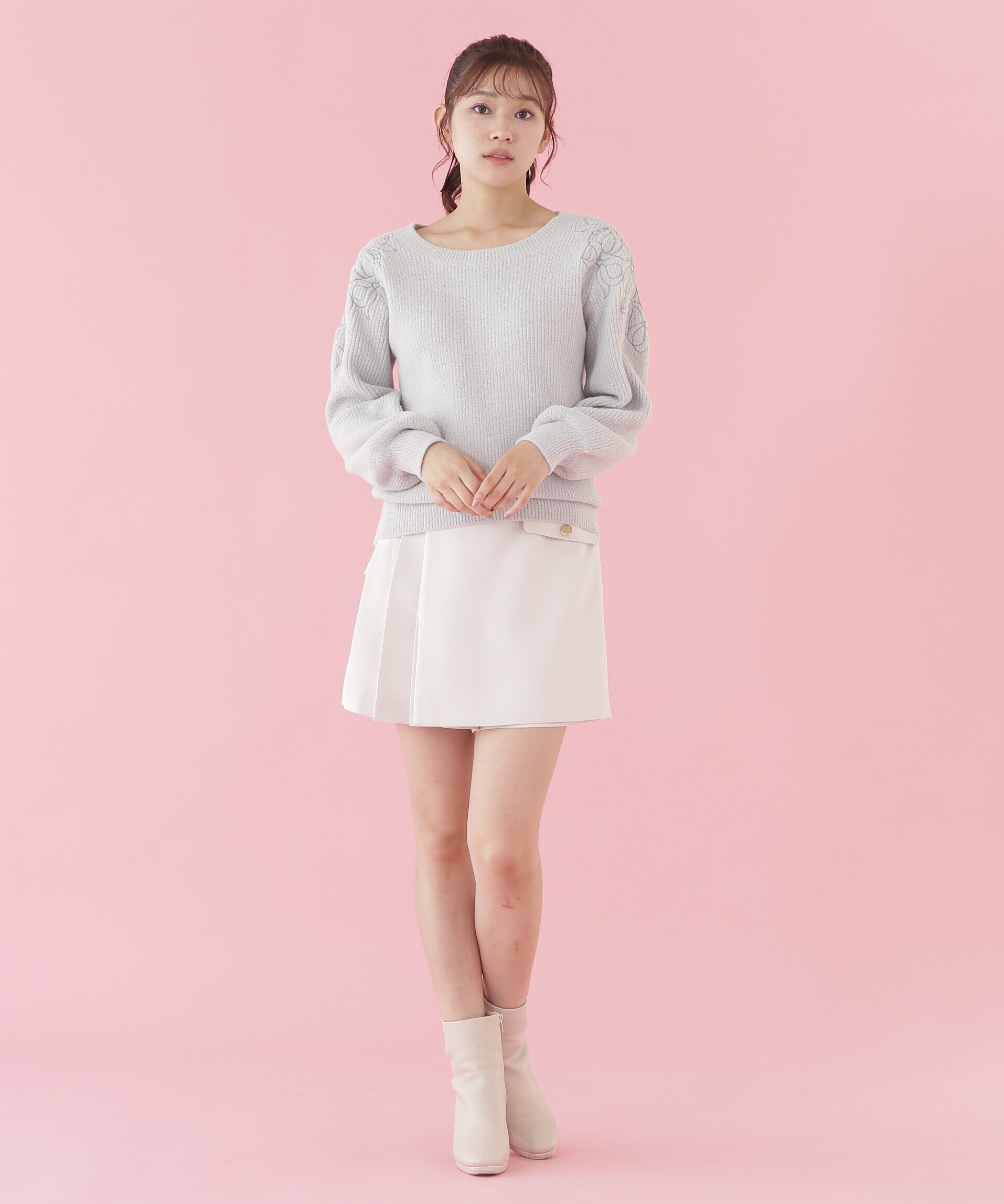  「肩開きリボンエンブロイダリーニット」|ニット・セーター|