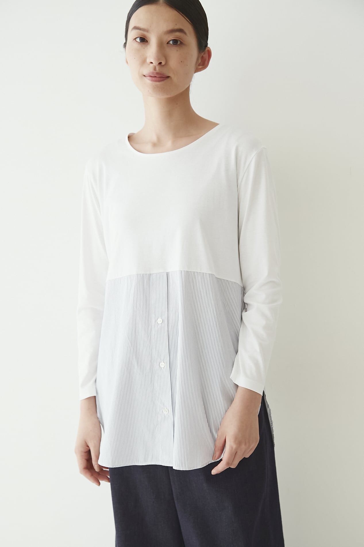  「◆布帛ドッキングクルーネックカットソー」|Tシャツ・カットソー|ホワイト&times;ネ  3