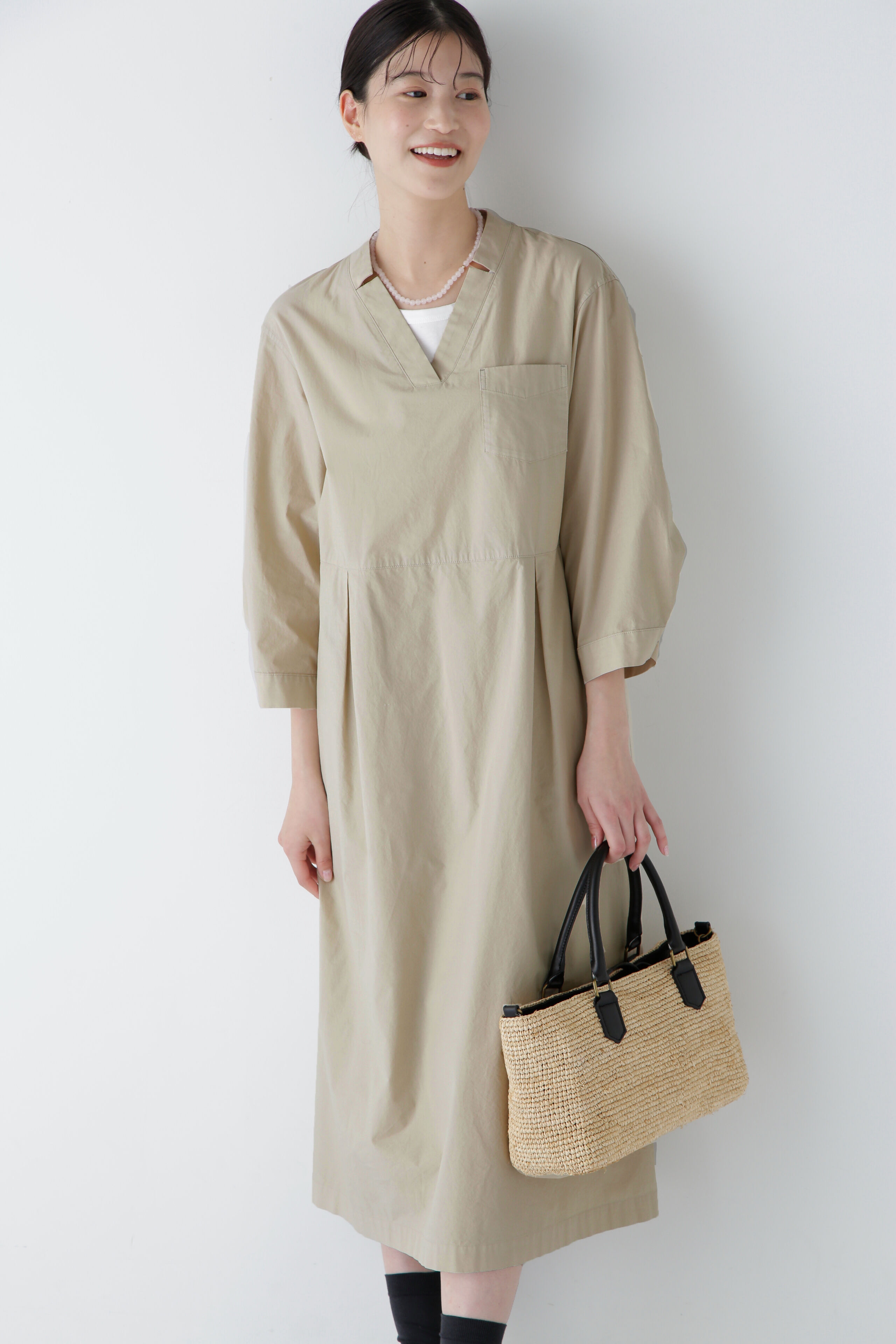  「◆製品染め刻み衿ワンピース」|ワンピース|ベージュ