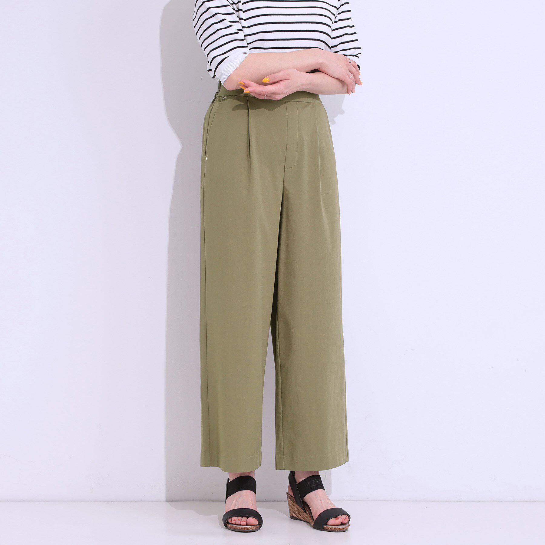 SHOO･LA･RUE「【高レビュー/S-LL/ひんやり】ゴールドパーツがアクセント ストレッチワイドパンツ」|その他|ライトカーキ(027