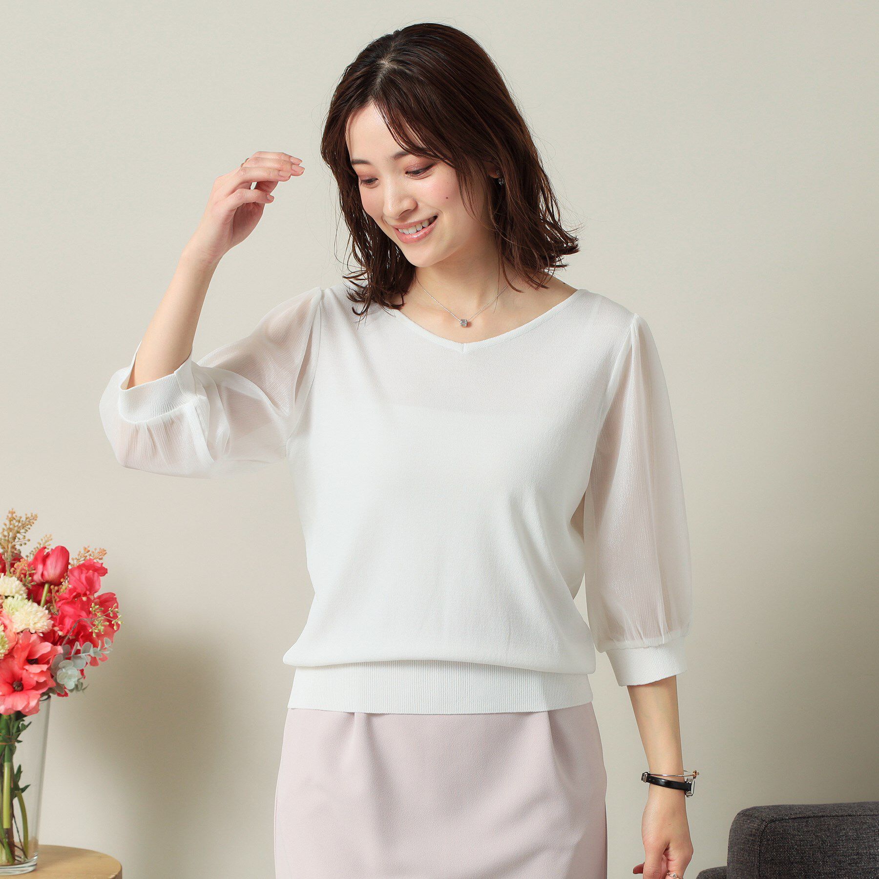 ITS&rsquo;DEMO「【UVケア／接触冷感／アンチピリング／洗濯機OK】袖シアーニット」|ニット・セーター|オフホワイト(003