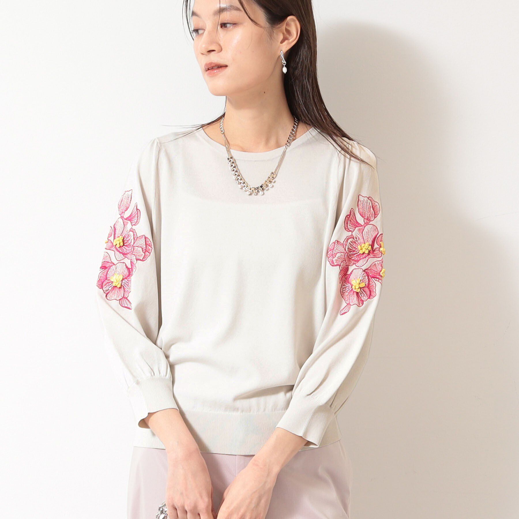 SunaUna「【SS～Lサイズ展開／リボン＆ビーズ刺繍】クラフトニット」|ニット・セーター|ライトグレー(011