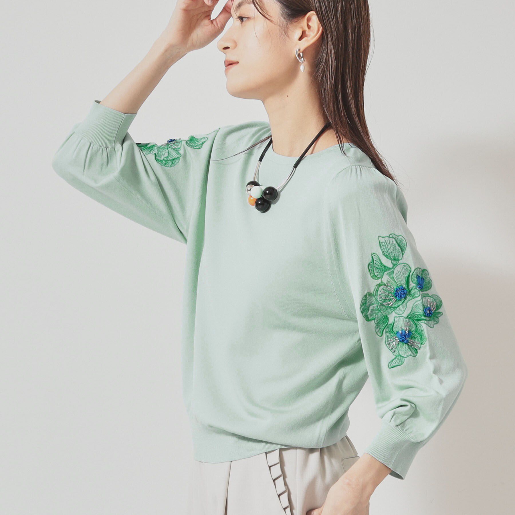 SunaUna「【SS～Lサイズ展開／リボン＆ビーズ刺繍】クラフトニット」|ニット・セーター|ライトグリーン(02
