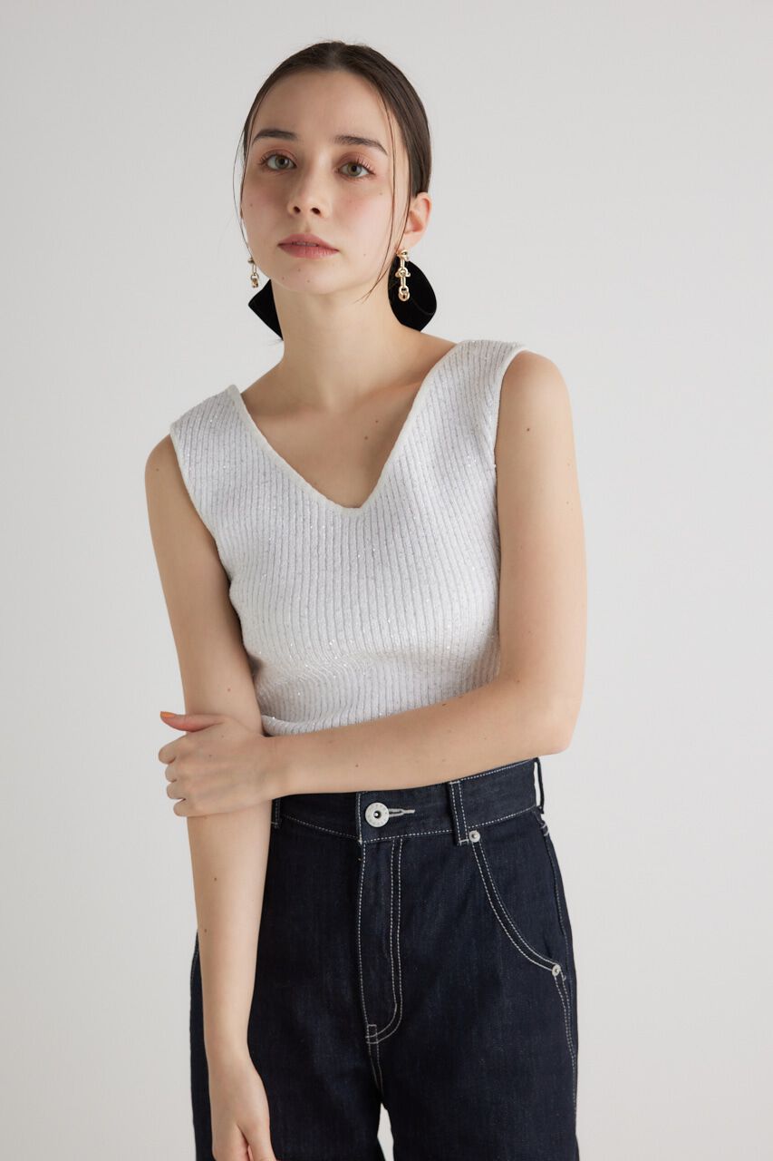 rienda「スパンコールVN Knit TOP」|タンクトップ|WHT