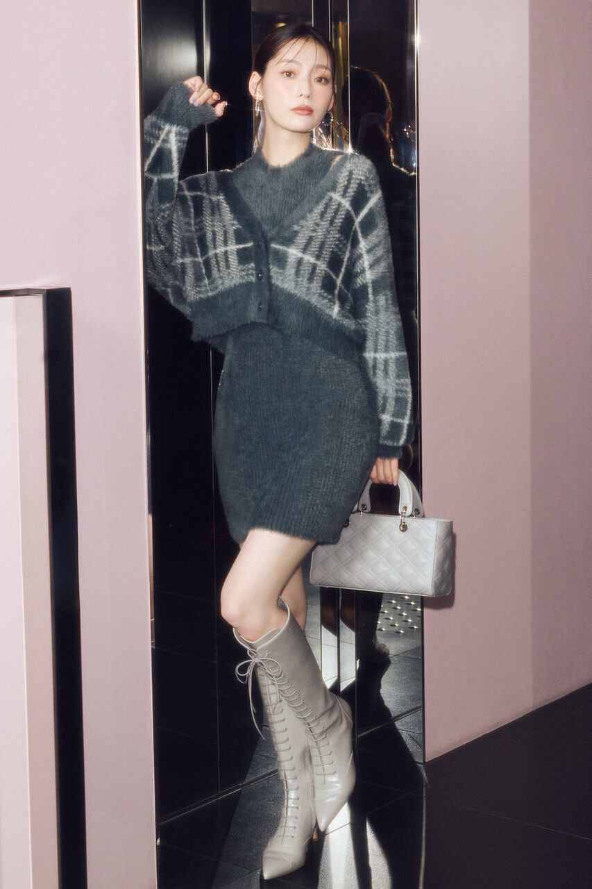 rienda「チェックジャガードカーディガンSETオフタートルニットミニワンピース」|ワンピース|D/GRY3