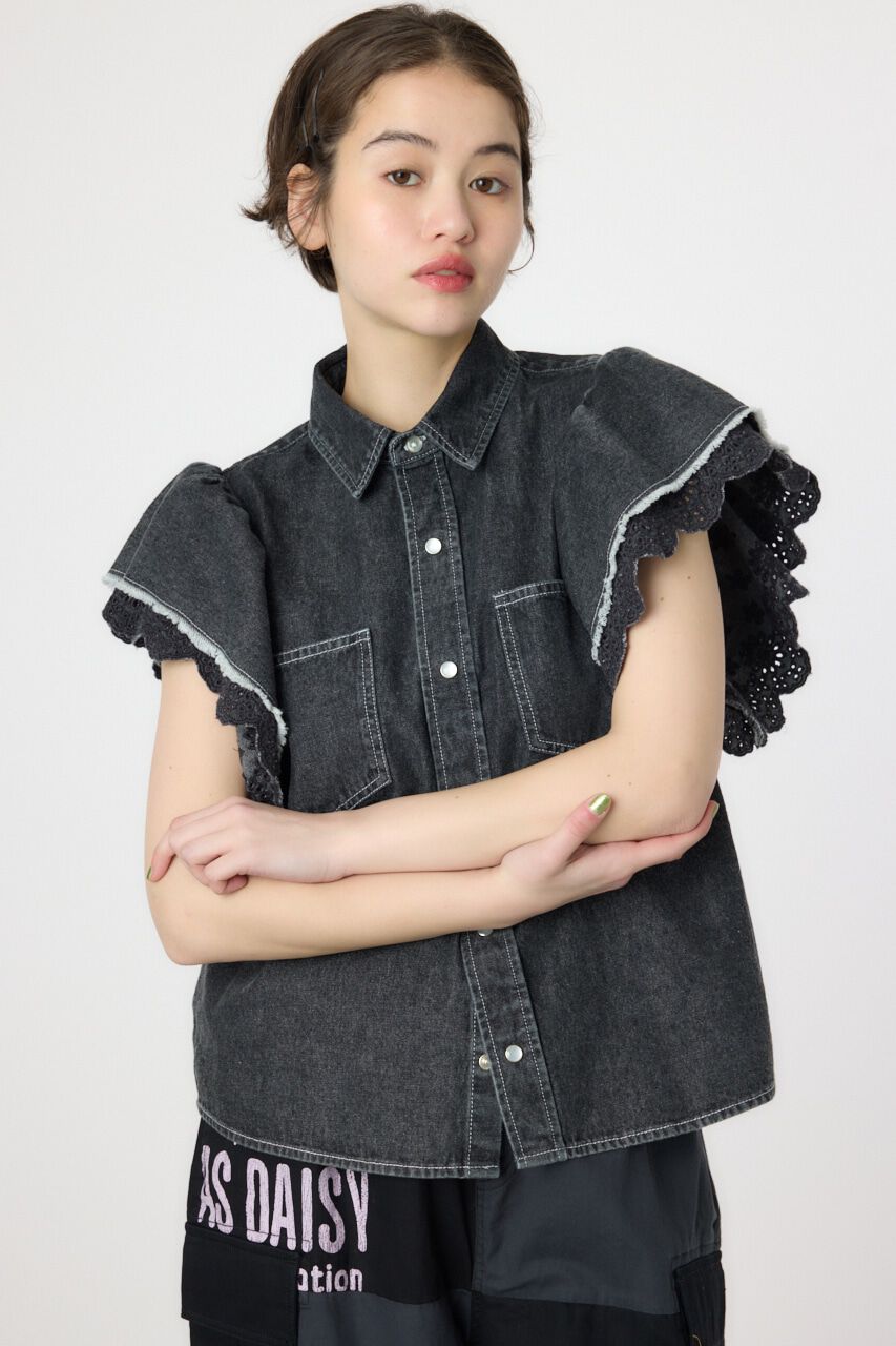 RODEO CROWNS「フリルレース デニムシャツ」|シャツ・ブラウス|BLK
