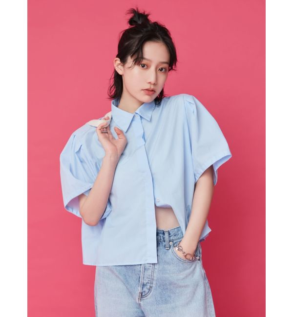 Ungrid「【WEB限定】タックデザインハーフスリーブシャツ」|シャツ・ブラウス|ブルー