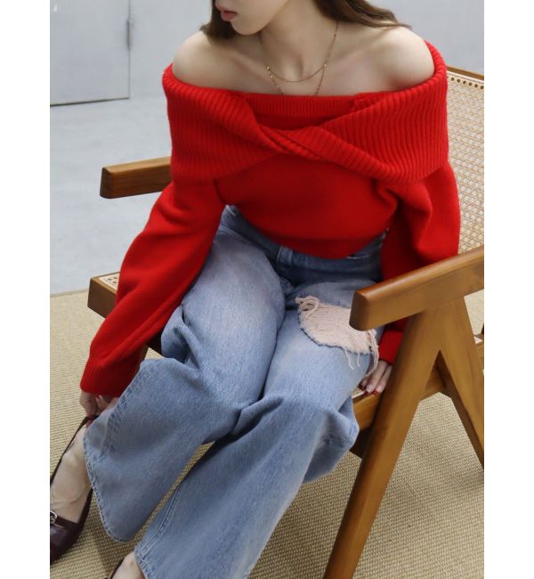 EVRIS「ツイストオフショルダーニットトップス」|ニット・セーター|