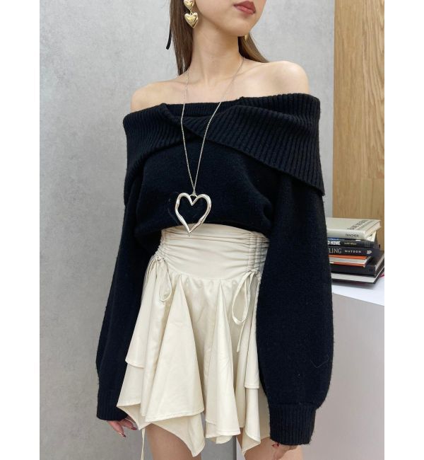 EVRIS「ツイストオフショルダーニットトップス」|ニット・セーター|ブラック