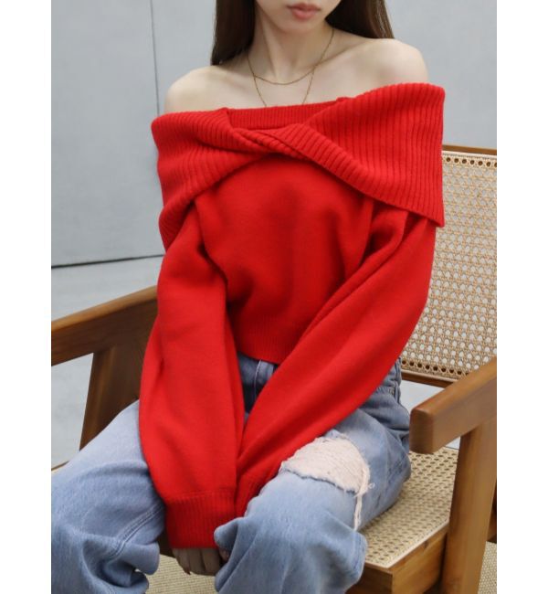 EVRIS「ツイストオフショルダーニットトップス」|ニット・セーター|レッド