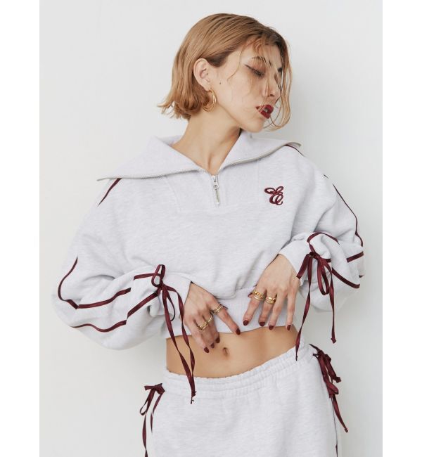 EVRIS「リボンスリーブハーフZIPショートスウェットトップス【セットアップ着用可能】」|スウェット・ジャージ|