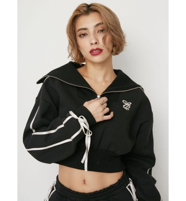 EVRIS「リボンスリーブハーフZIPショートスウェットトップス【セットアップ着用可能】」|スウェット・ジャージ|