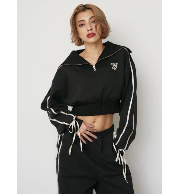 EVRIS「リボンスリーブハーフZIPショートスウェットトップス【セットアップ着用可能】」|スウェット・ジャージ|